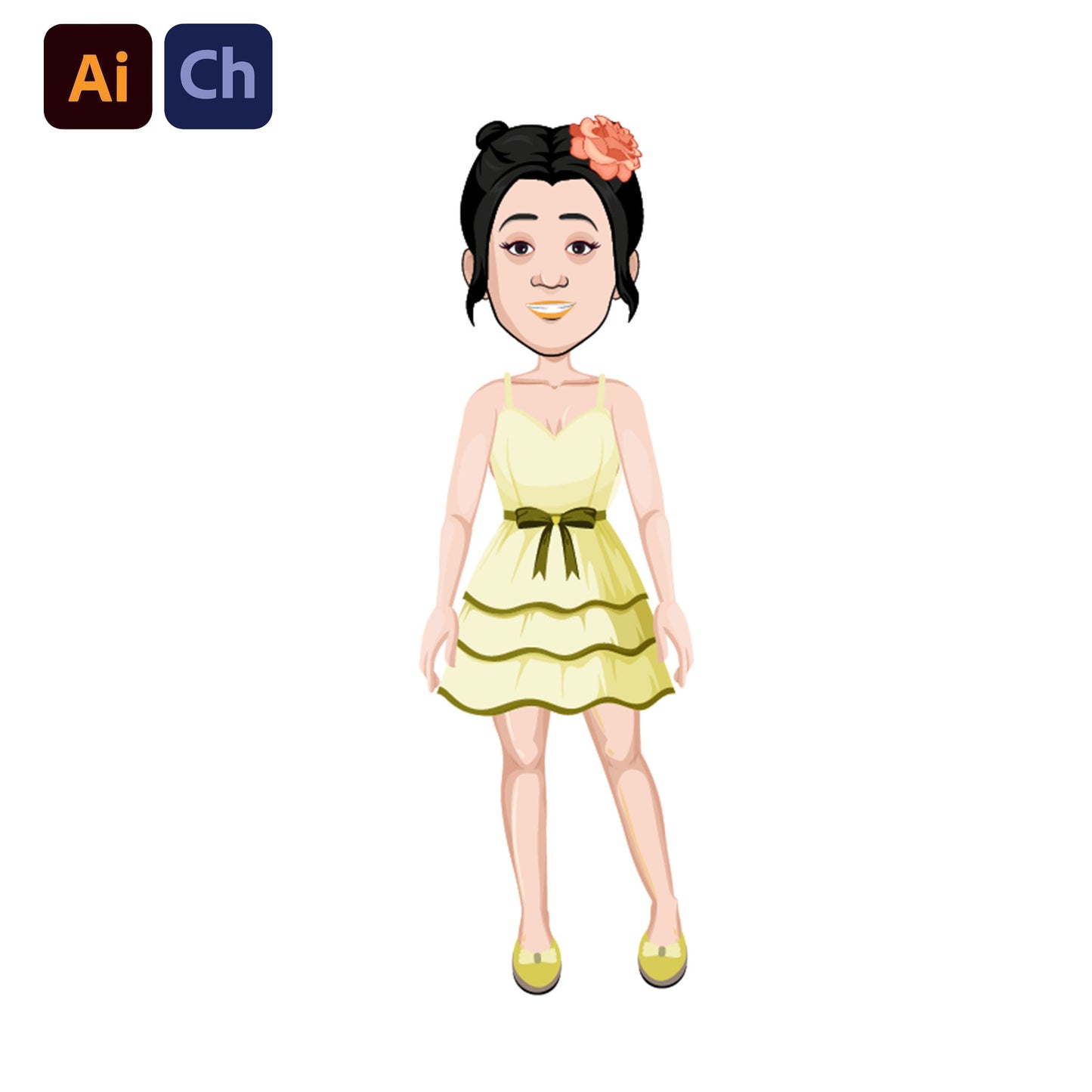 adobe Character Animator puppet in a yellow dress with a flower in hair on a white background