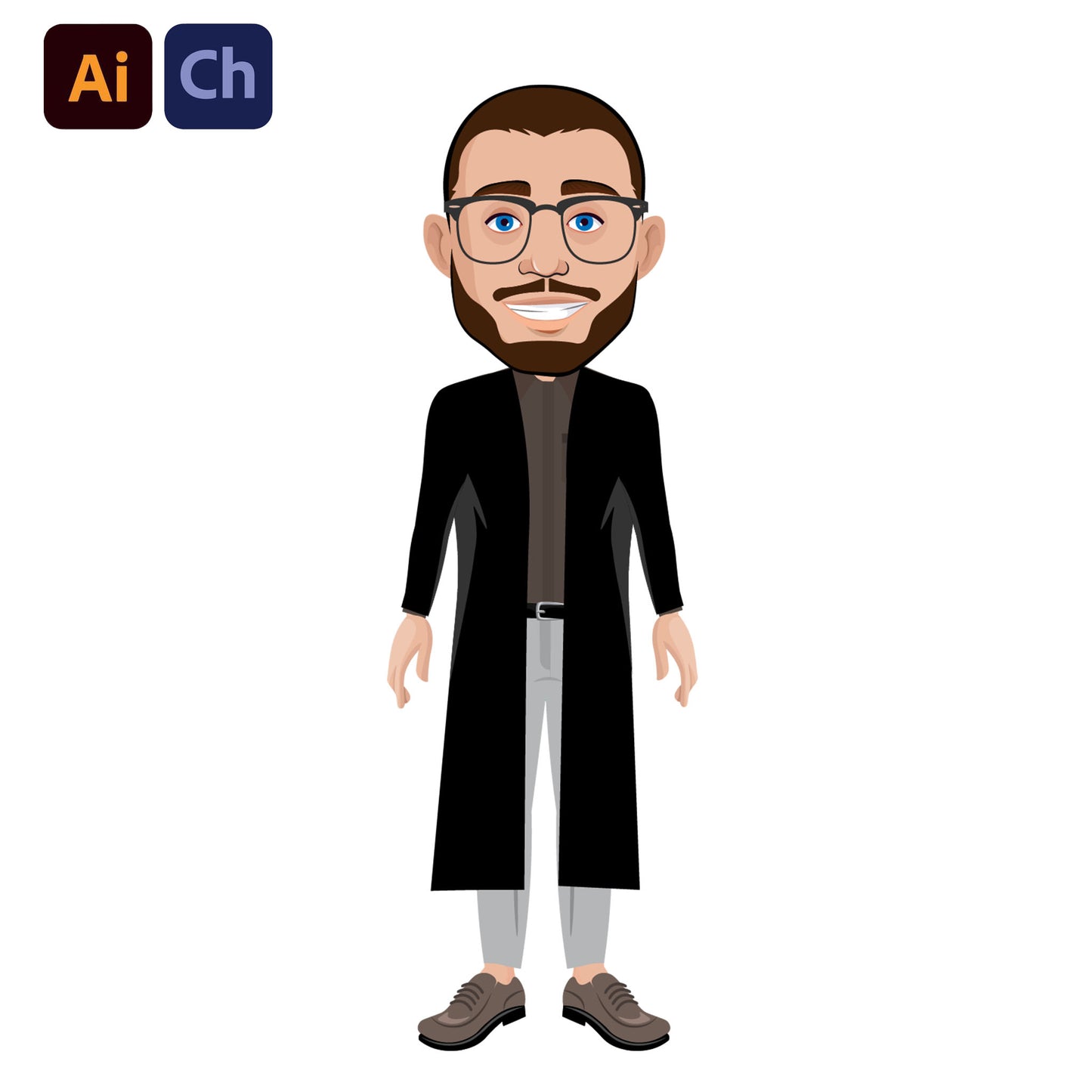 adobe Character Animator puppet of a man with glasses and a beard wearing a black coat on a white background.