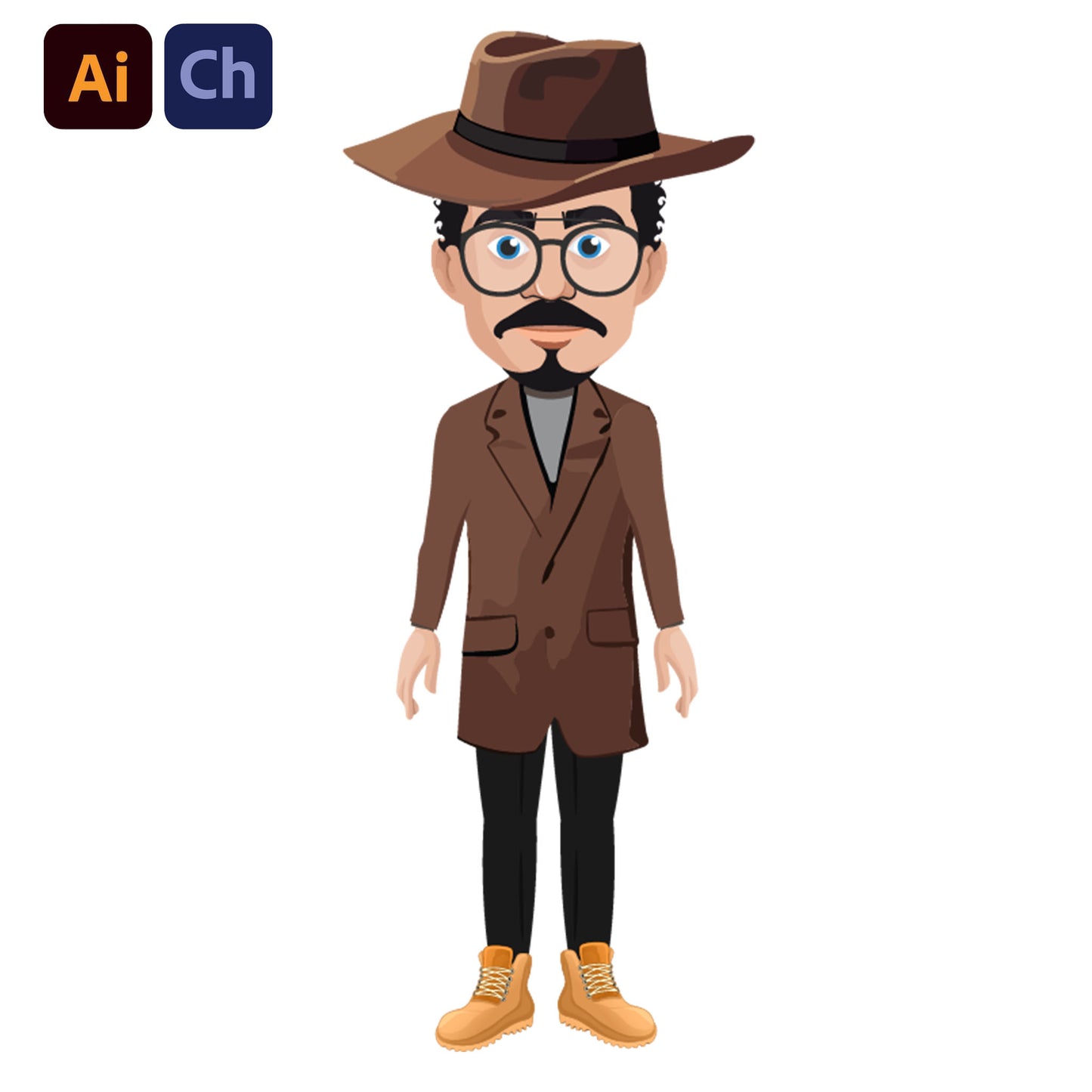 adobe Character Animator puppet in a brown suit and hat with glasses on a white background