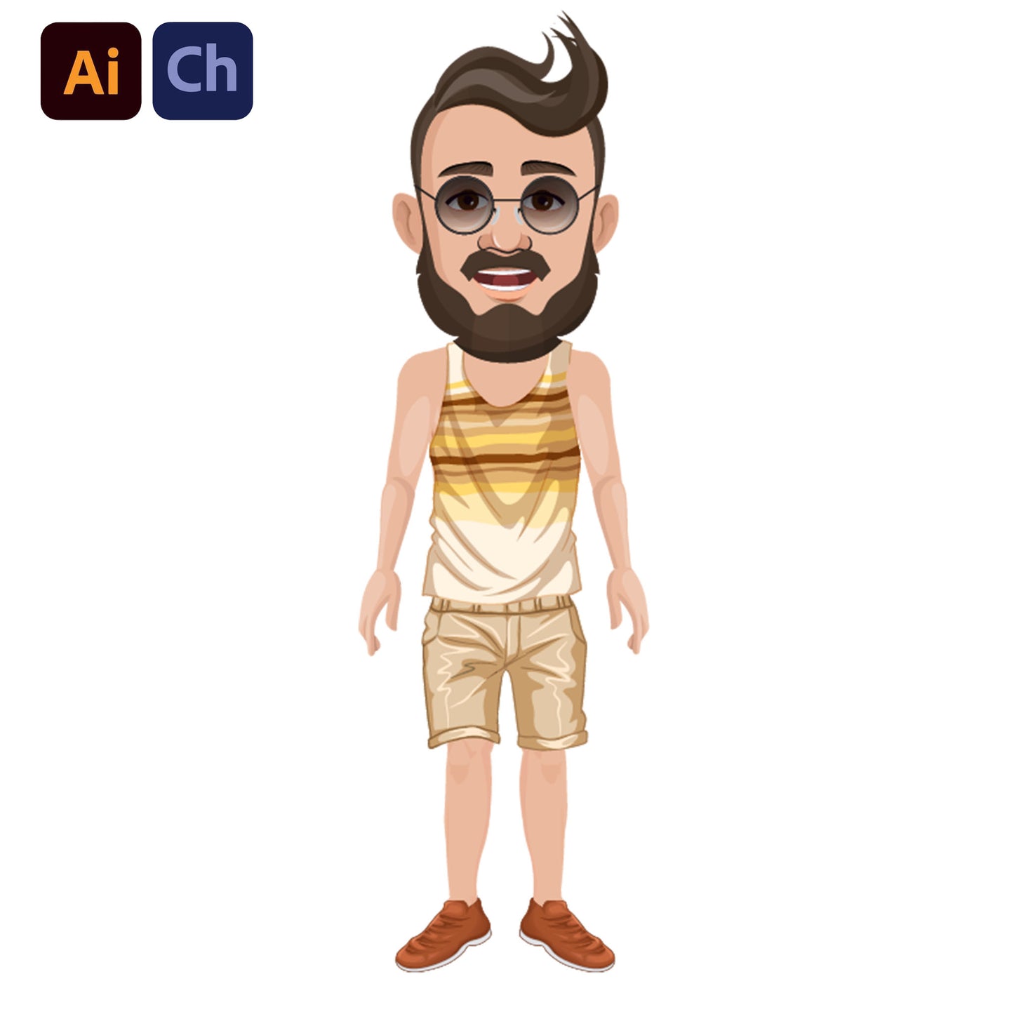adobe Character Animator puppet of a man with glasses and a beard wearing a striped tank top and shorts on a white background.