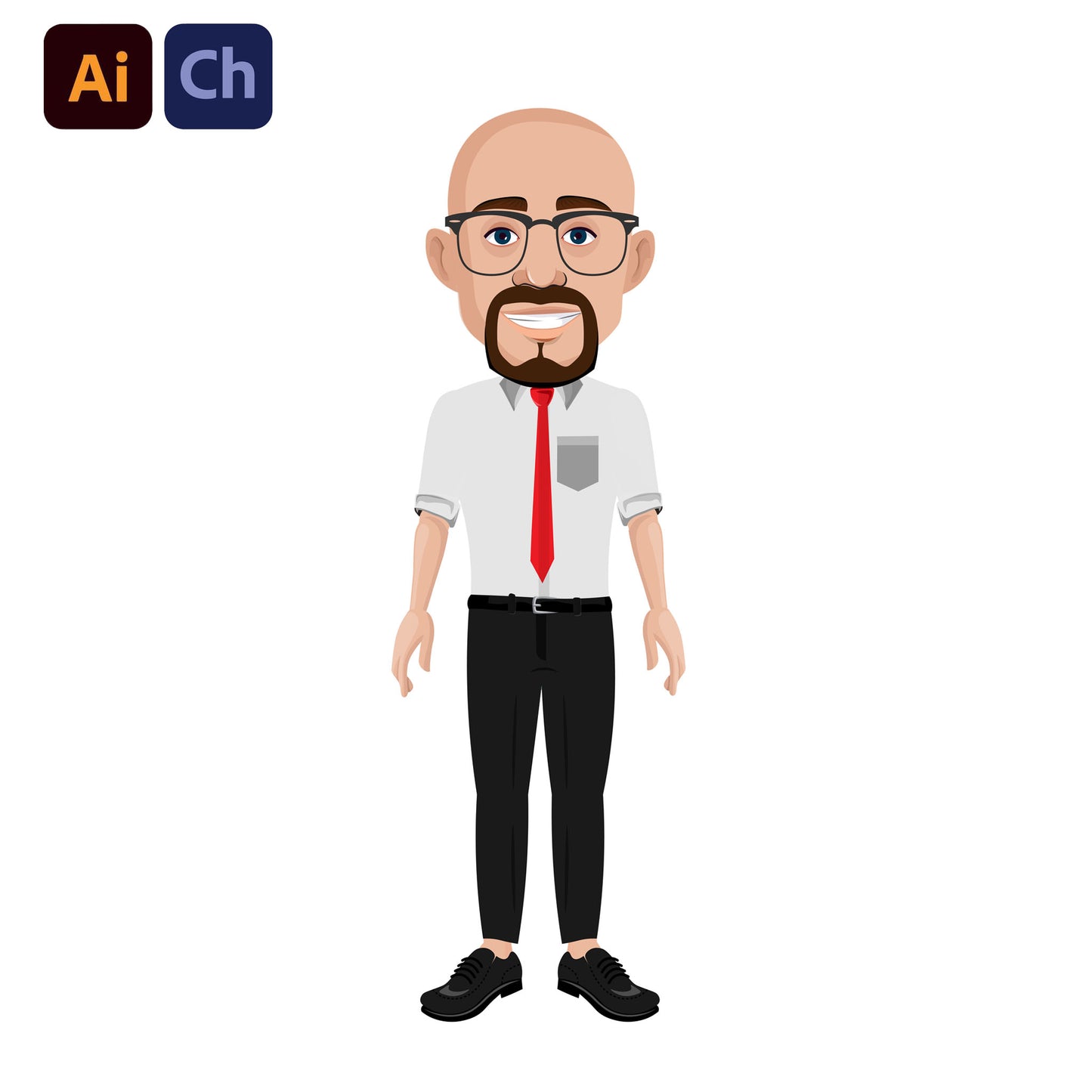 adobe Character Animator puppet of a man wearing glasses, a white shirt with a red tie, and black pants on a white background.
