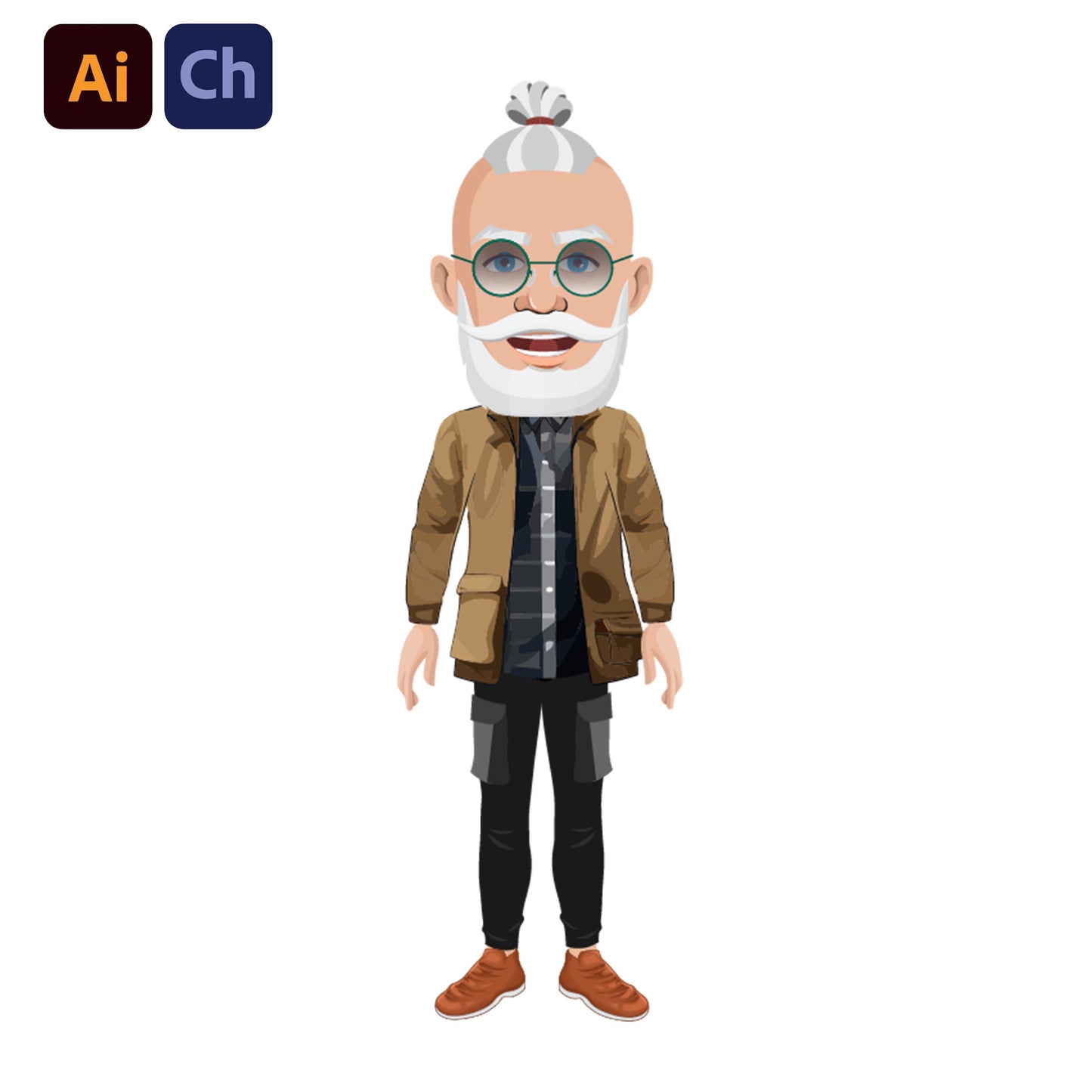 adobe Character Animator puppet of an elderly man with a beard, wearing glasses and a brown coat, on a white background.