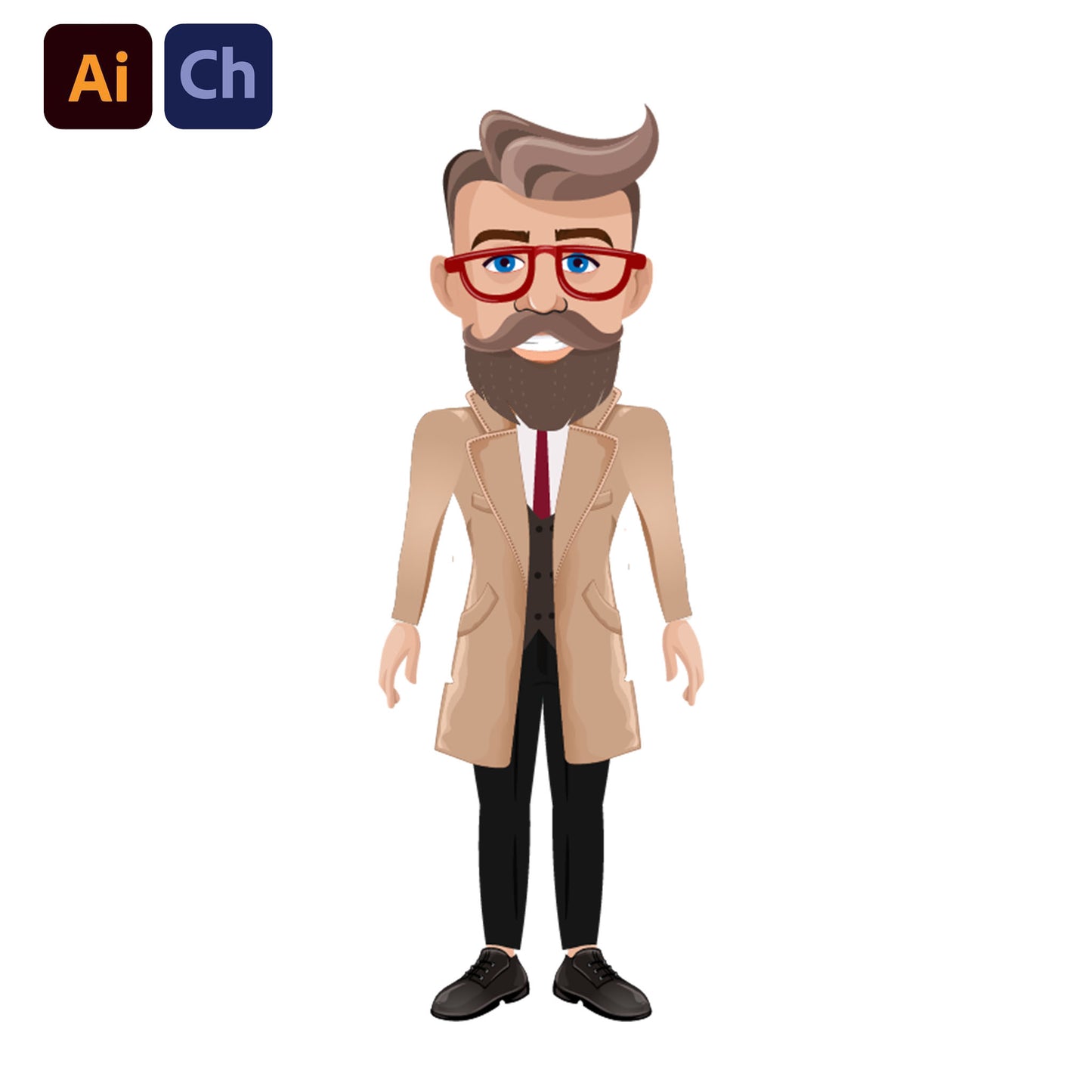 adobe Character Animator puppet of a man in a trench coat with Adobe Illustrator and Adobe Character Animator logos.