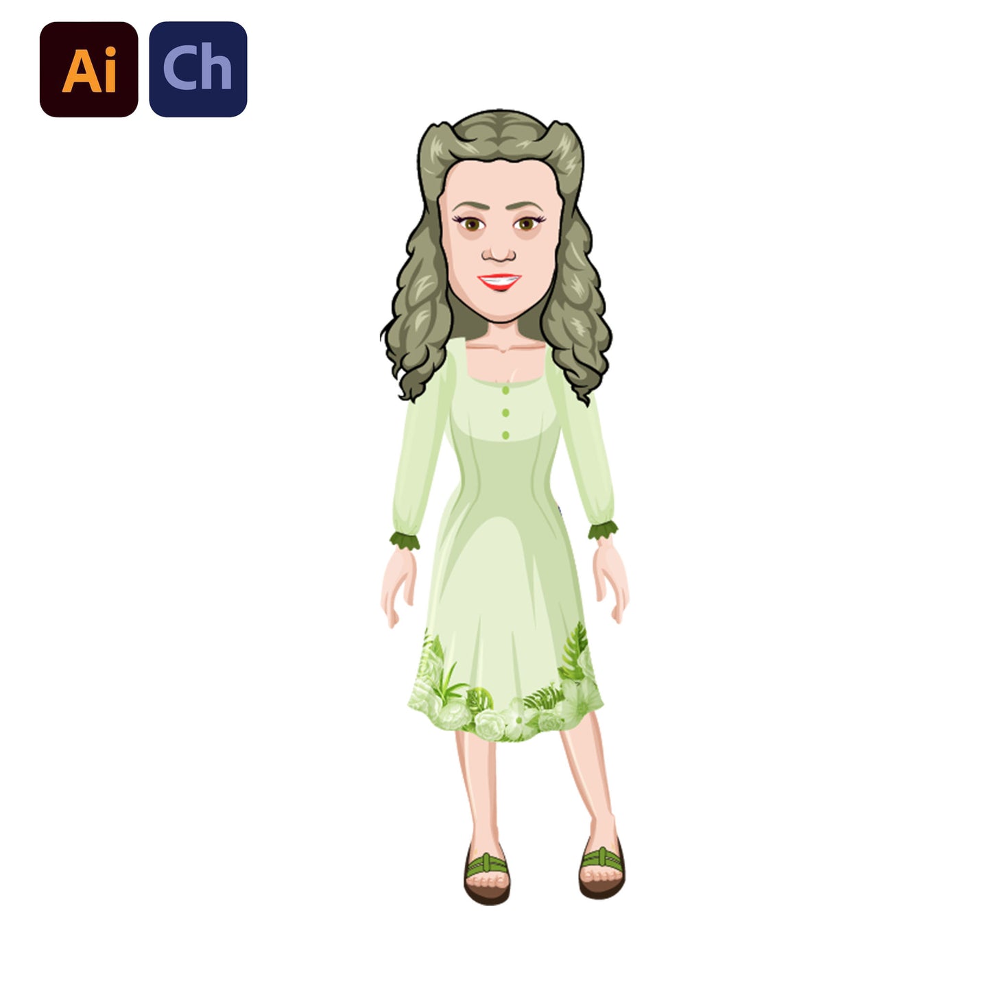 adobe Character Animator puppet in a green dress with floral details on a white background