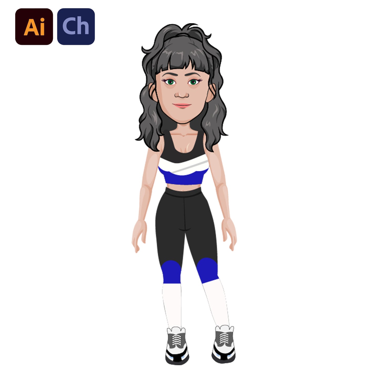 adobe Character Animator puppet of a woman in a blue and black outfit with Adobe Illustrator and Character Designer logos.