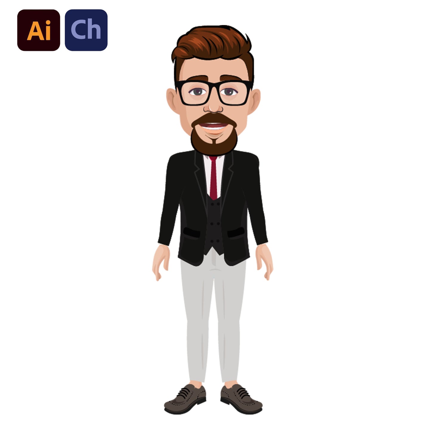 adobe Character Animator puppet in a suit with Adobe Illustrator and Adobe Character Animator logos.