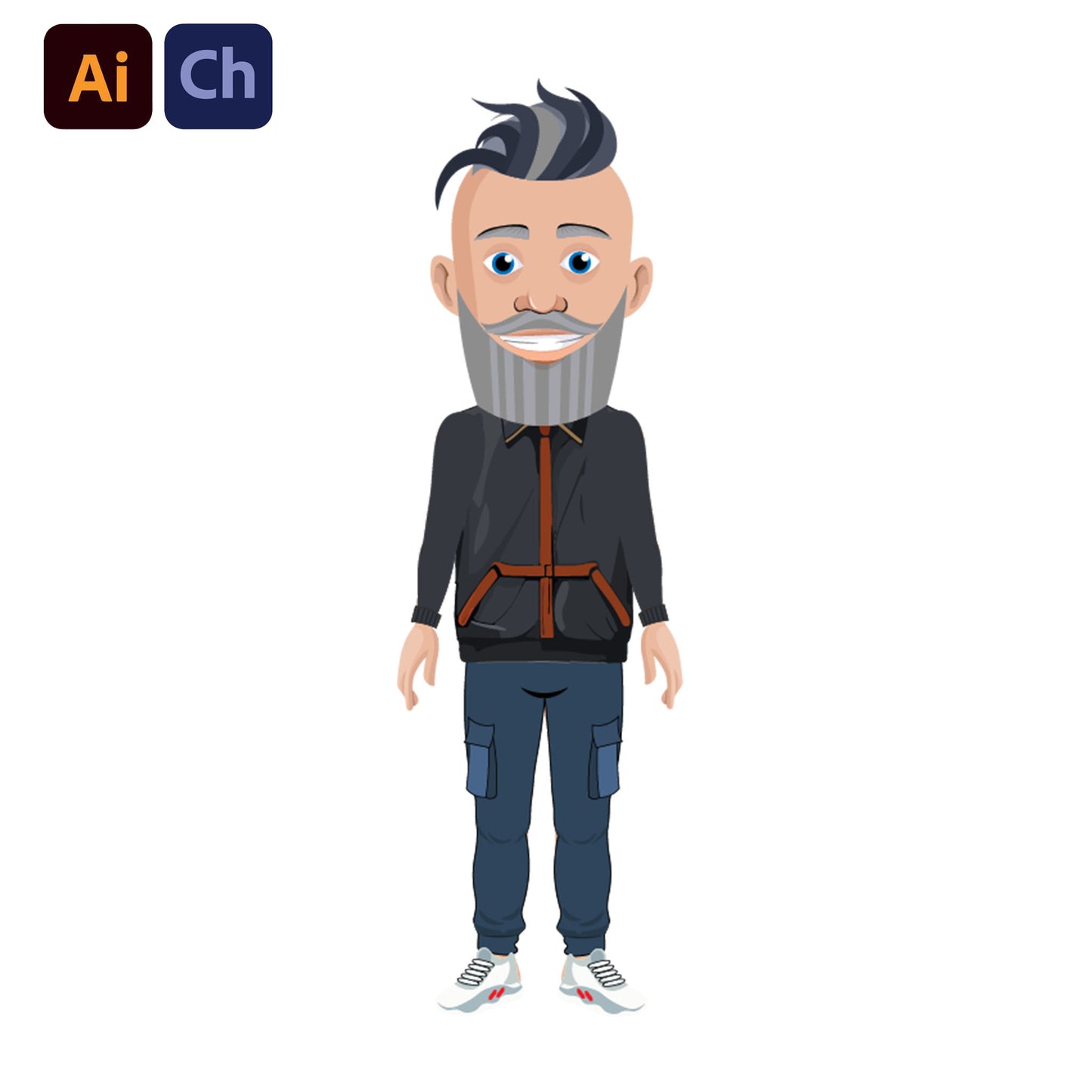 adobe Character Animator puppet of a man with a beard wearing a black jacket and blue pants on a white background.