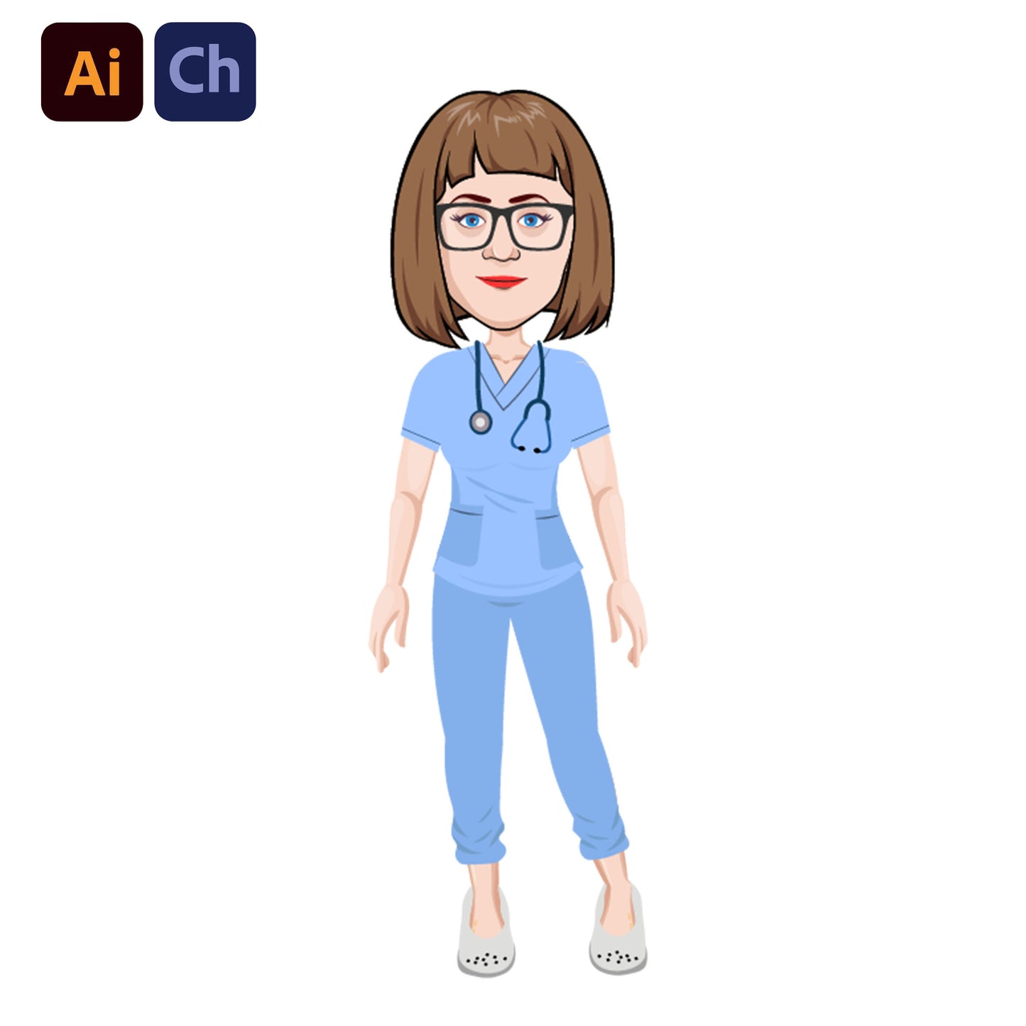 adobe Character Animator puppet  of a person wearing blue medical scrubs with a stethoscope on a white background.