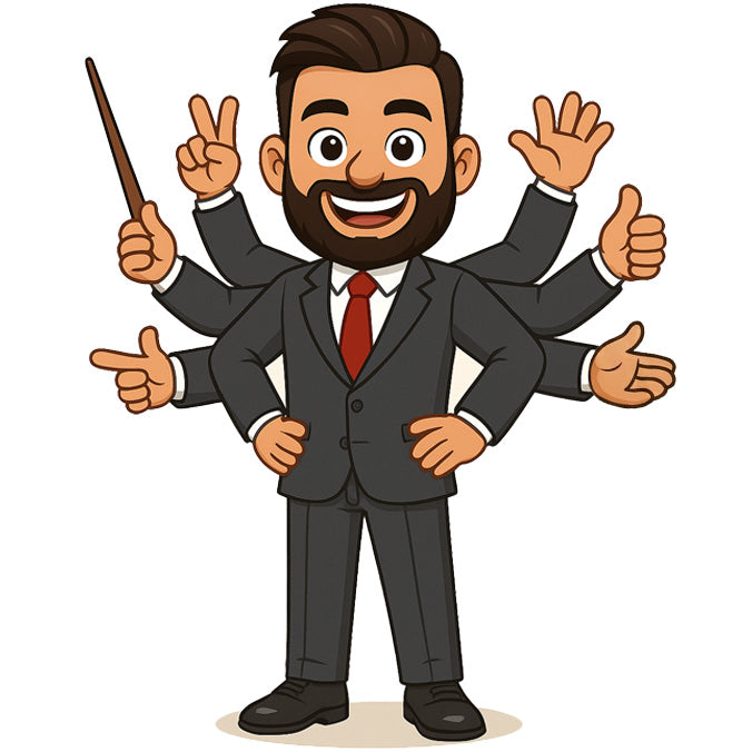 Cartoon character in a suit with multiple arms and hands on a white. adobe Character Animator puppet advance customization 