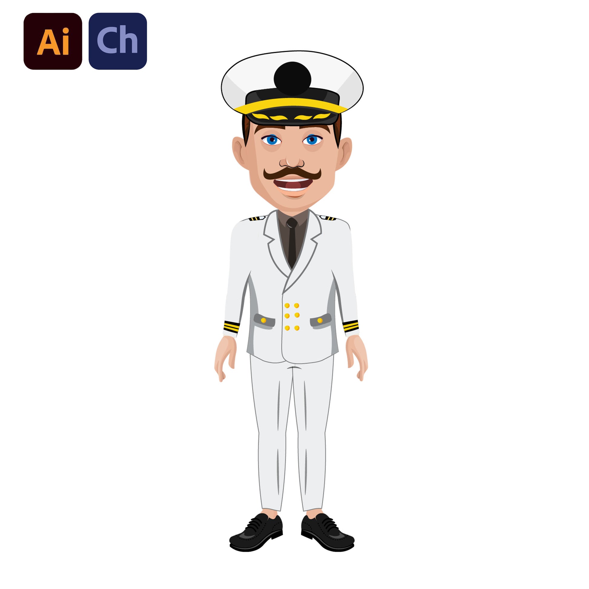 adobe Character Animator puppet in a pilot uniform with Adobe Illustrator and Adobe Character Animator logos.
