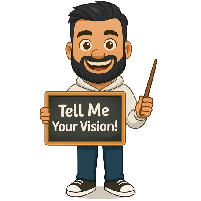 Cartoon character holding a chalkboard with 'Tell Me Your Vision!' text on a white background. custom work adobe Character Animator puppet