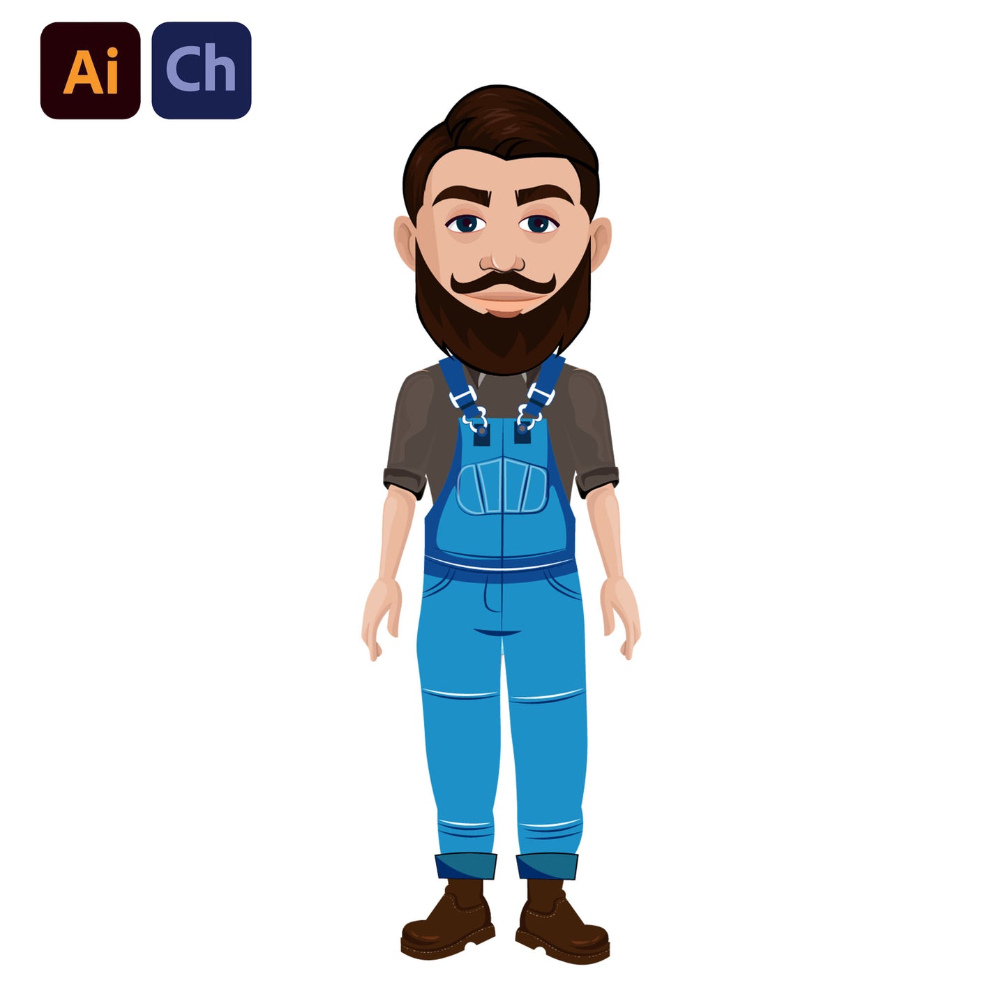 adobe Character Animator puppet in blue overalls on a white background with Adobe Illustrator and Adobe Character Animator logos.