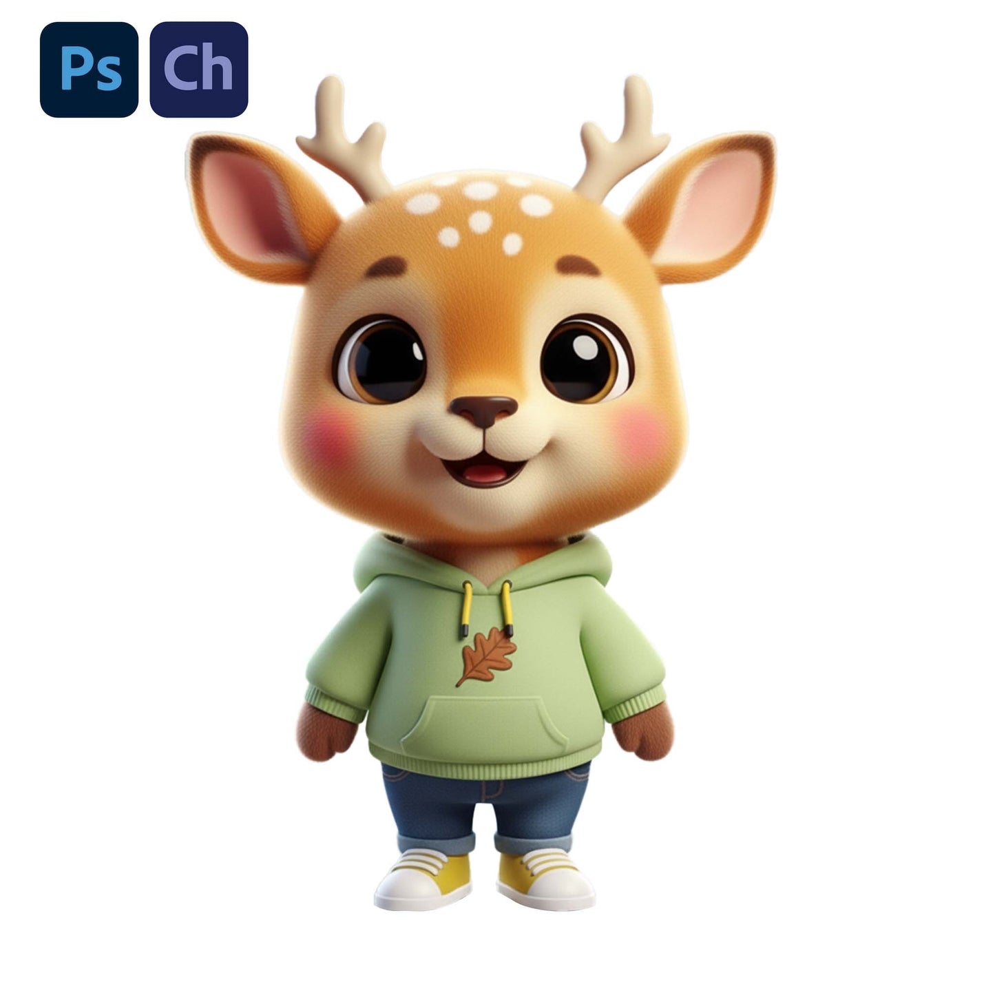 Adobe Character Animator Puppet deer character wearing a green hoodie with a leaf design on a white background