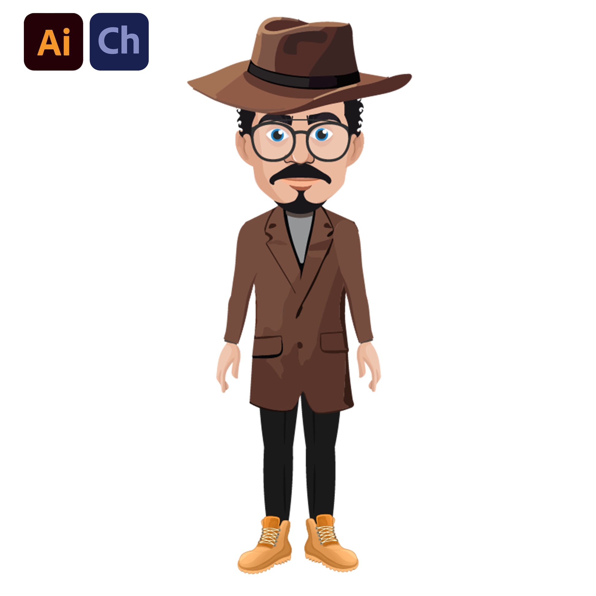 adobe Character Animator puppet in a brown suit and hat with glasses on a white background