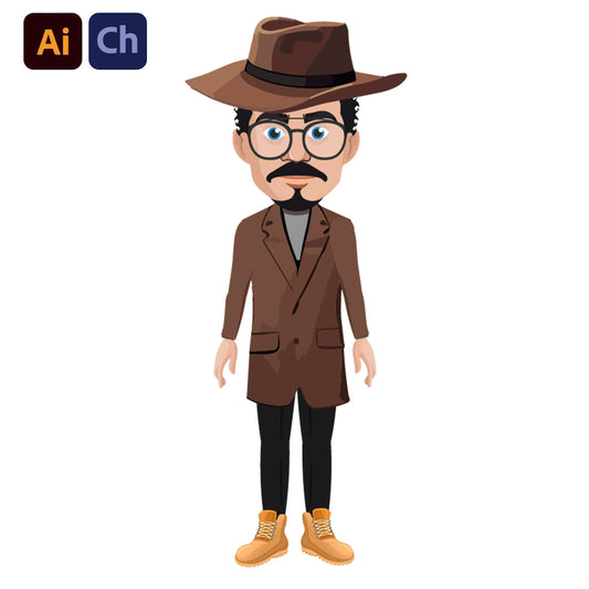 adobe Character Animator puppet in a brown suit and hat with glasses on a white background