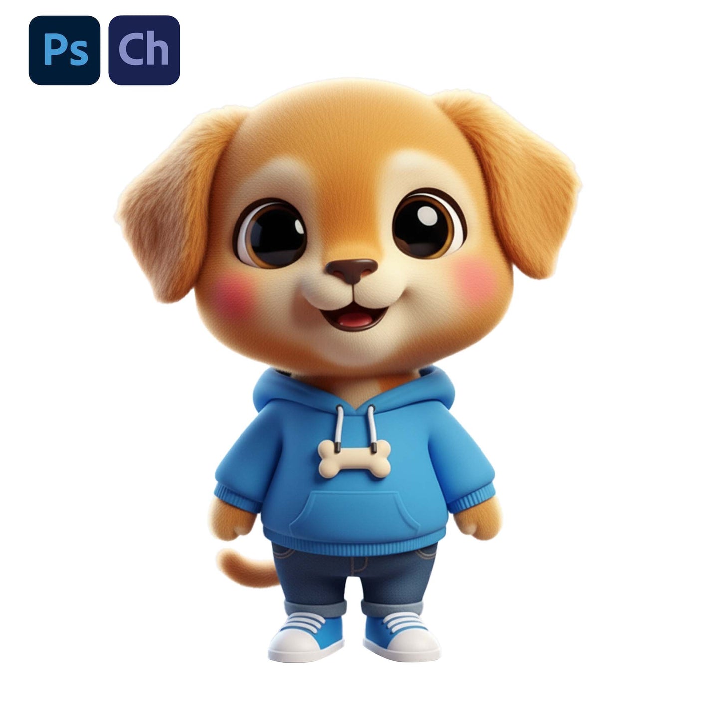 Adobe Character Animator Puppet Cartoon dog wearing a blue hoodie with a bone design on a white background