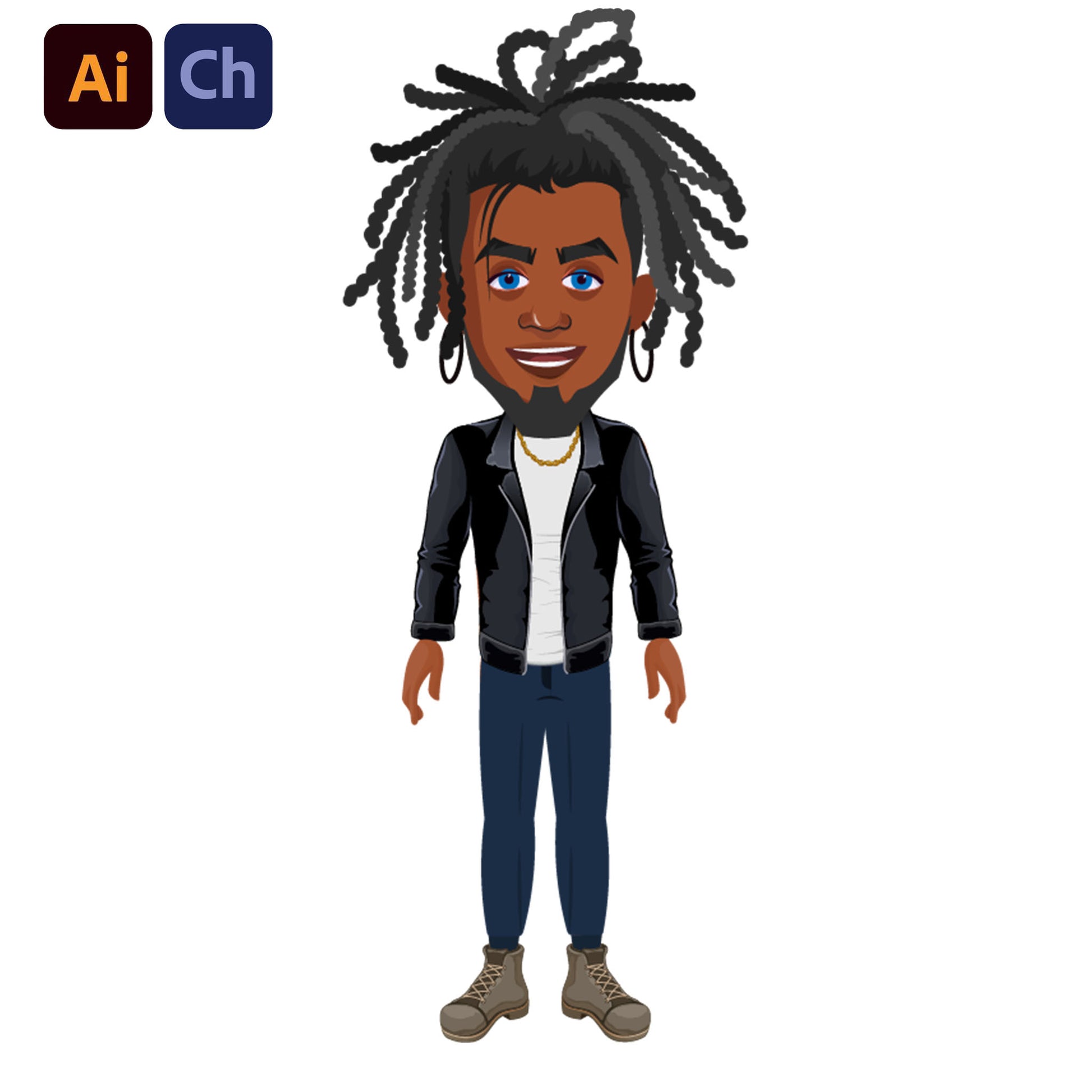 adobe Character Animator puppet with dreadlocks wearing a black leather jacket and blue jeans on a white background.