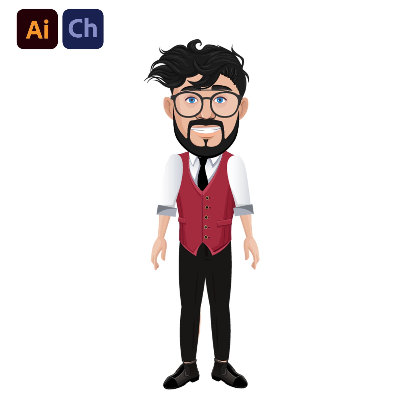 adobe Character Animator puppet with glasses and a red vest on a white background