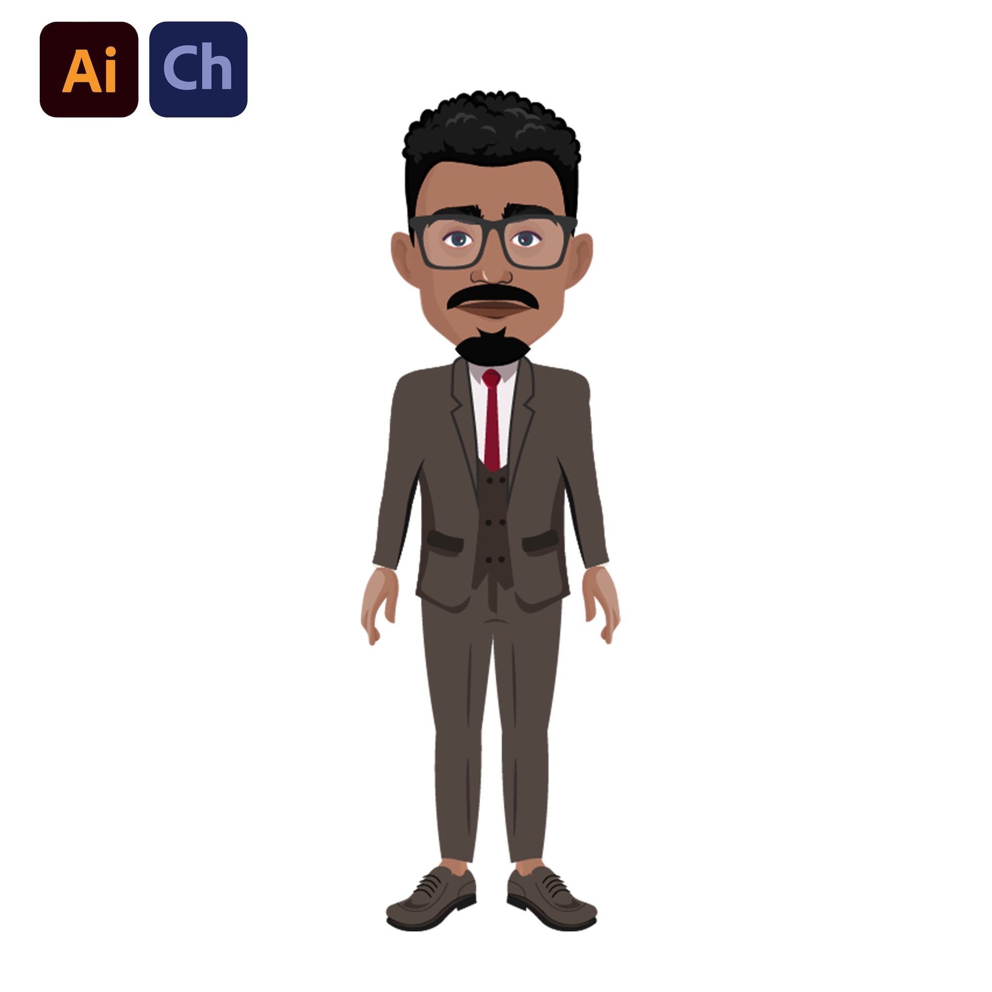 adobe Character Animator puppet in a brown suit with a red tie on a white background