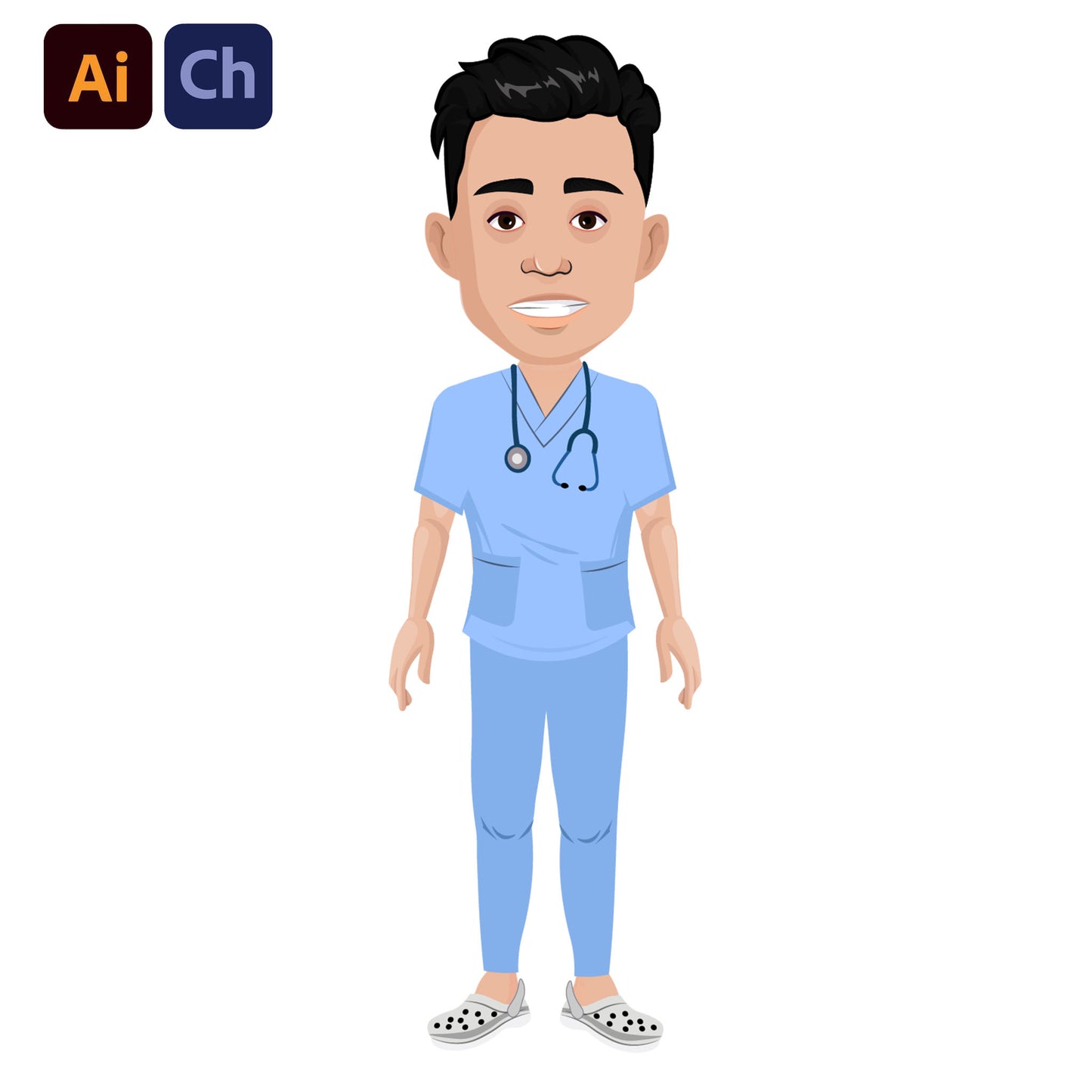 adobe Character Animator puppet of a doctor in blue scrubs on a white background