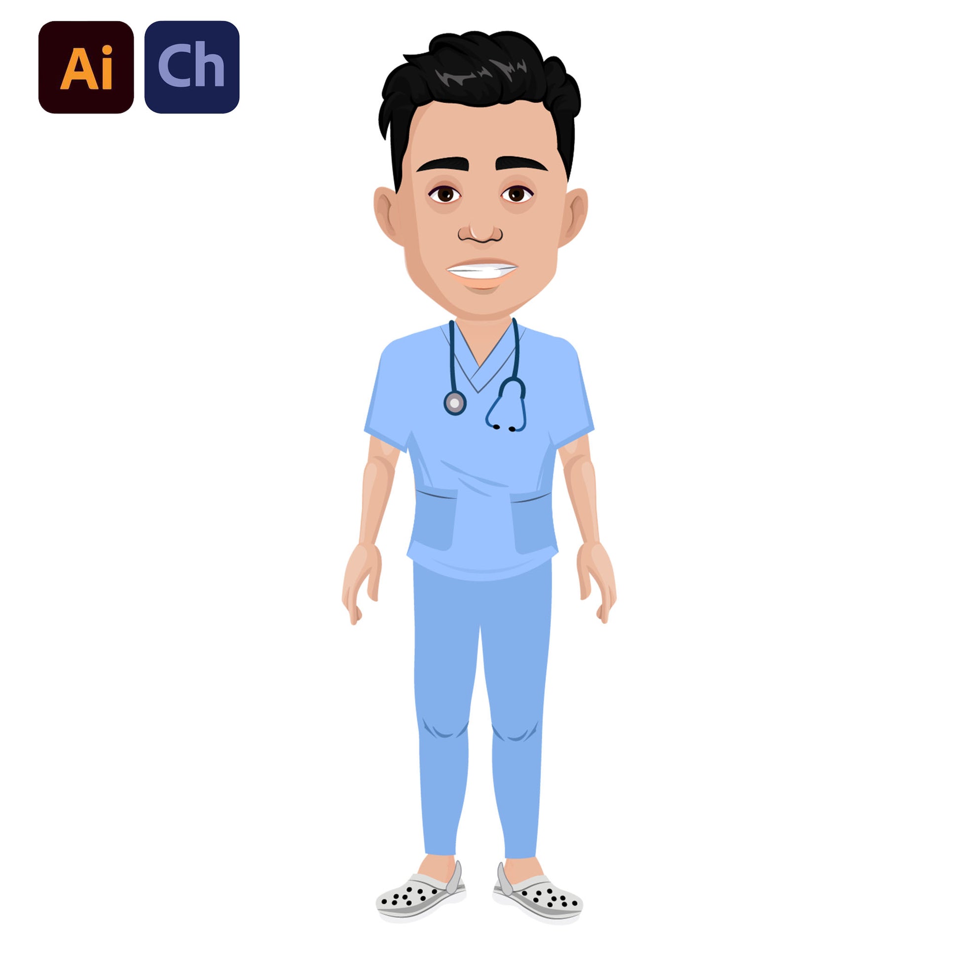 adobe Character Animator puppet of a doctor in blue scrubs on a white background
