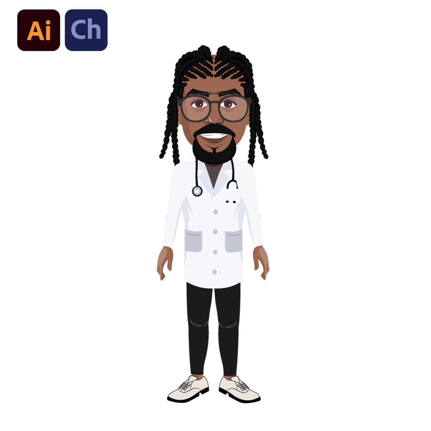 adobe Character Animator puppet of a doctor with braided hair wearing a white coat and stethoscope on a white background.