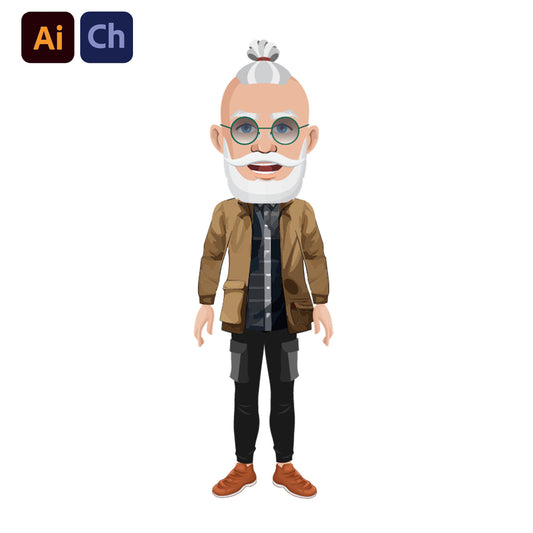 adobe Character Animator puppet of an elderly man with a beard, wearing glasses and a brown coat, on a white background.