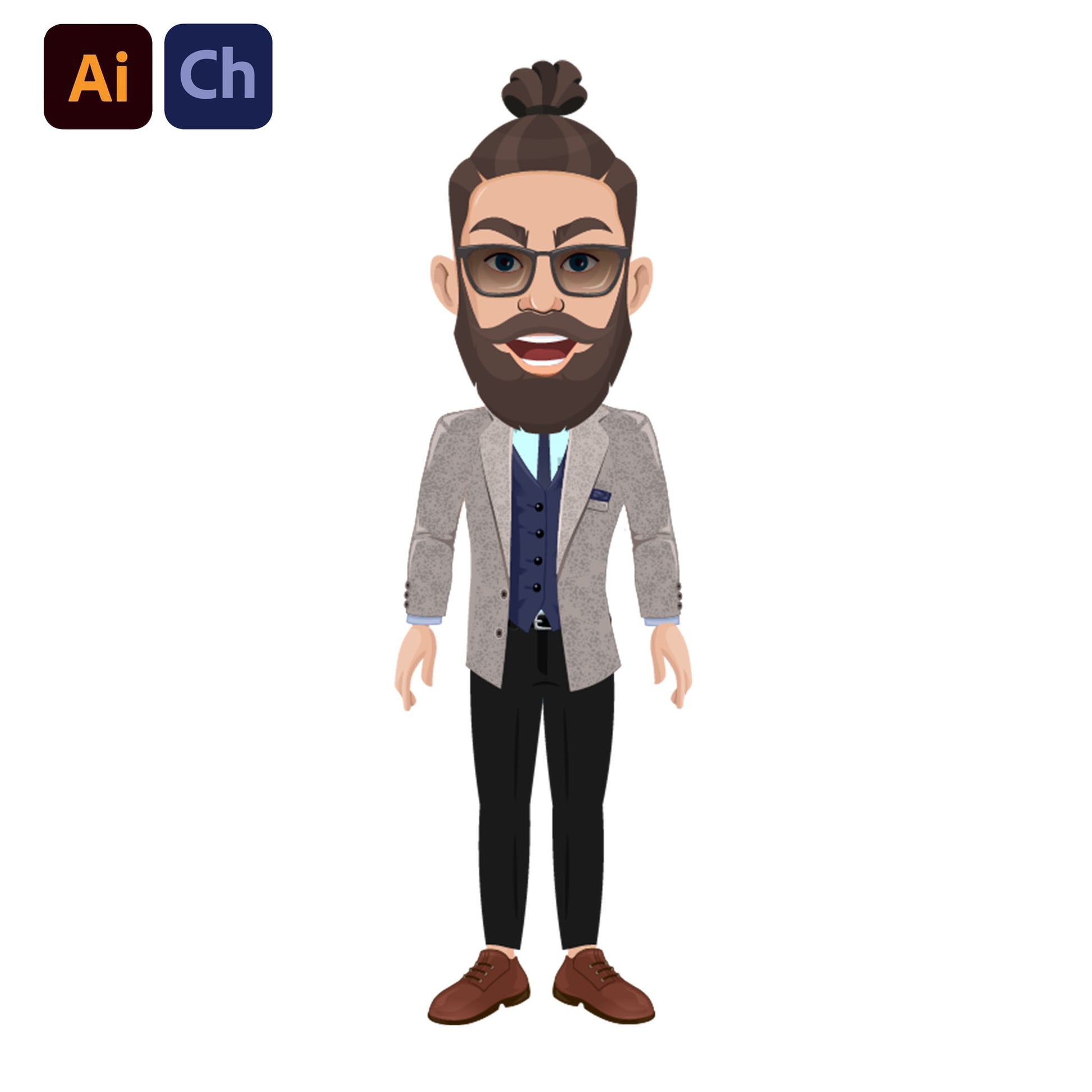 adobe Character Animator puppet with a beard and glasses wearing a suit on a white background
