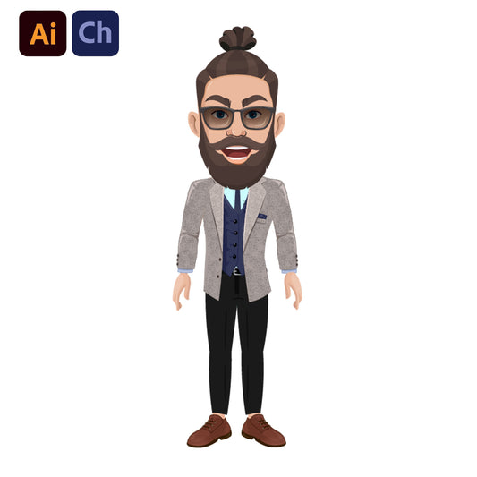 adobe Character Animator puppet with a beard and glasses wearing a suit on a white background