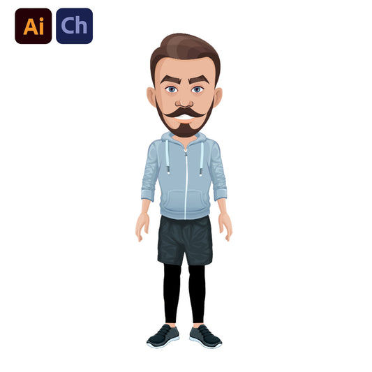 adobe Character Animator puppet of a man with a beard wearing a light blue hoodie and dark shorts on a white background.