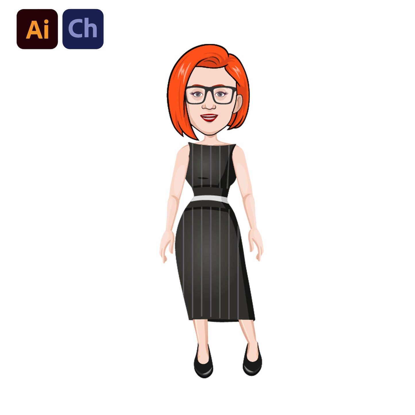 adobe Character Animator puppet with red hair and glasses wearing a black dress on a white background