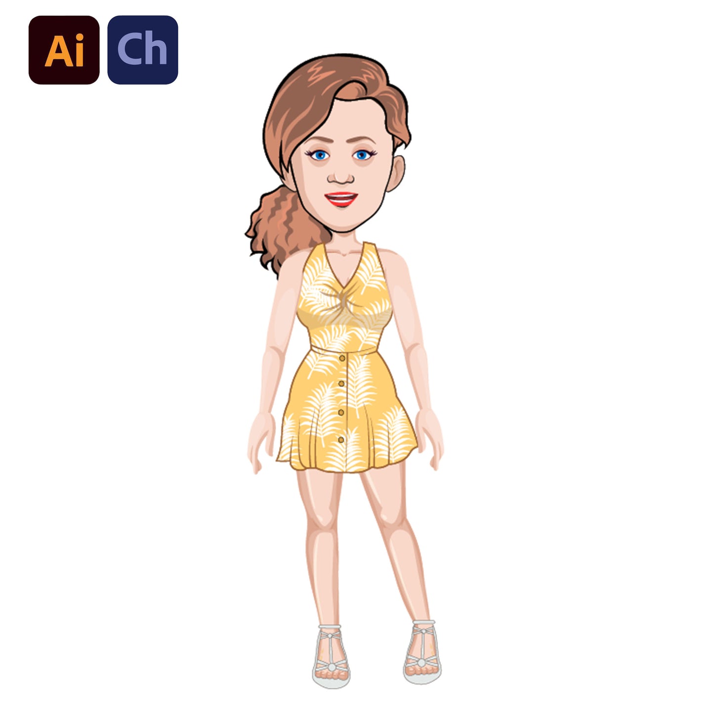 adobe Character Animator puppet of a woman wearing a yellow dress on a white background