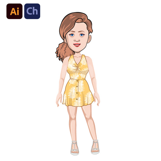 adobe Character Animator puppet of a woman wearing a yellow dress on a white background