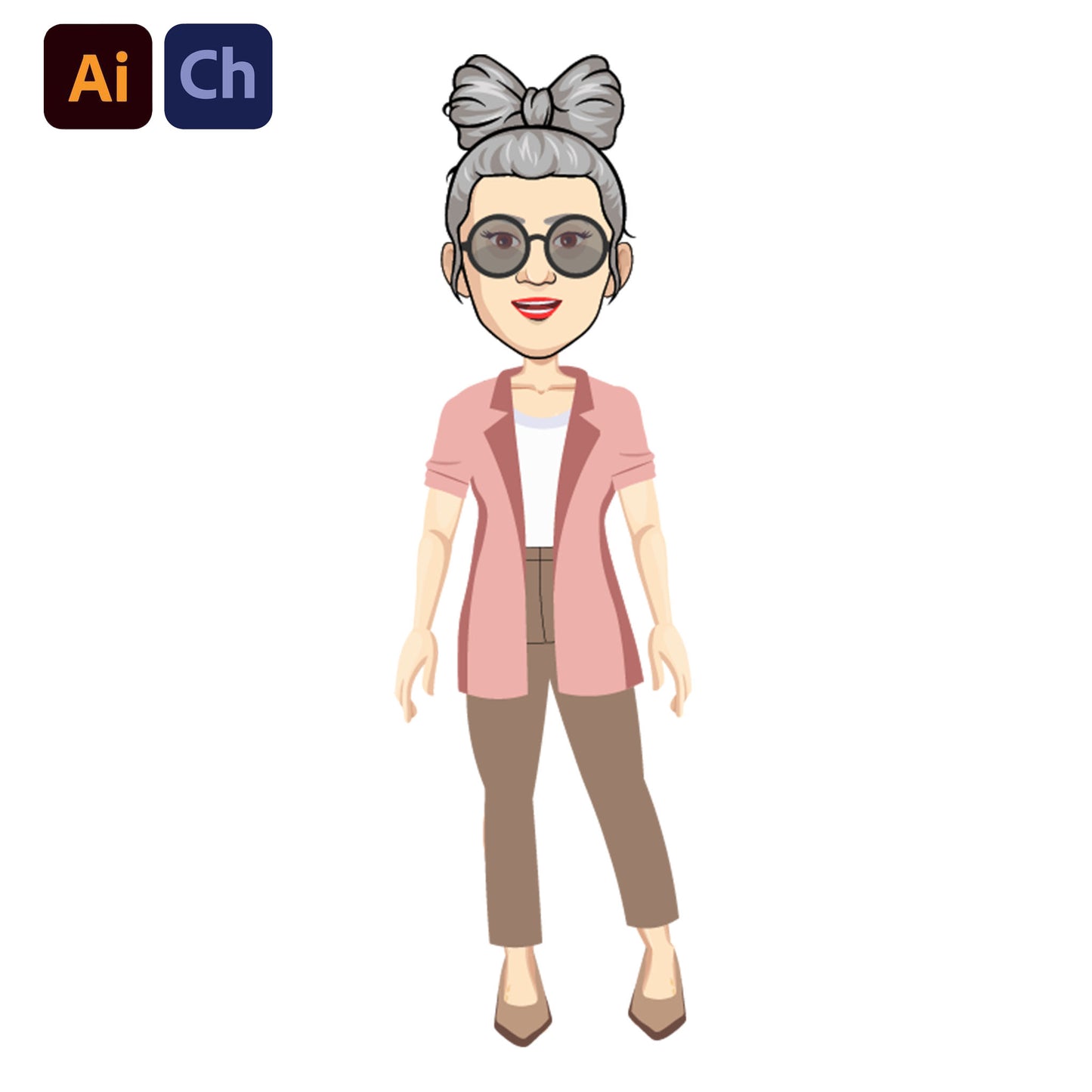 adobe Character Animator puppet of an elderly woman with gray hair, sunglasses, pink jacket, and brown pants on a white background.