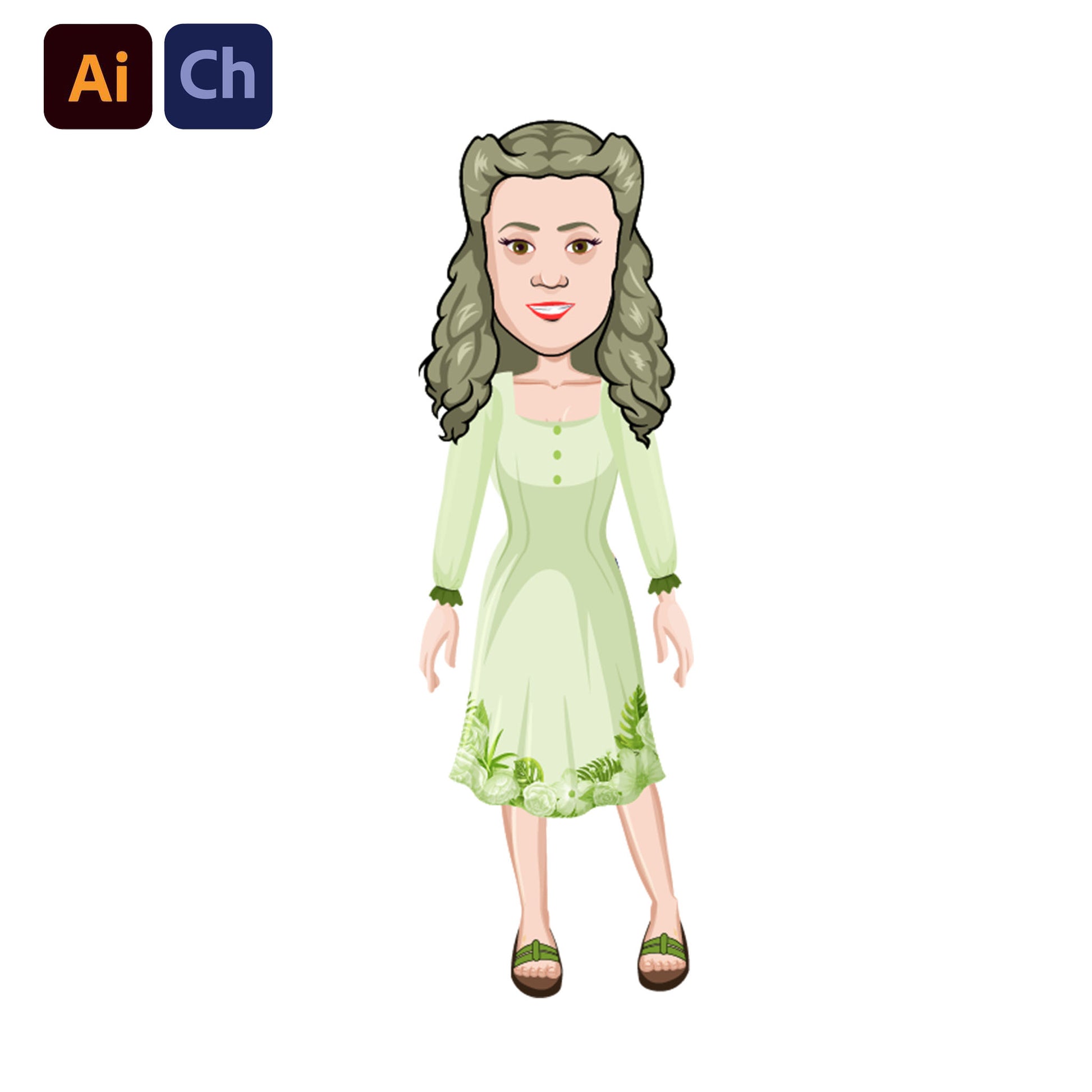 adobe Character Animator puppet in a green dress with floral details on a white background
