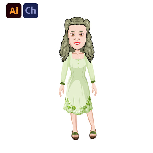 adobe Character Animator puppet in a green dress with floral details on a white background