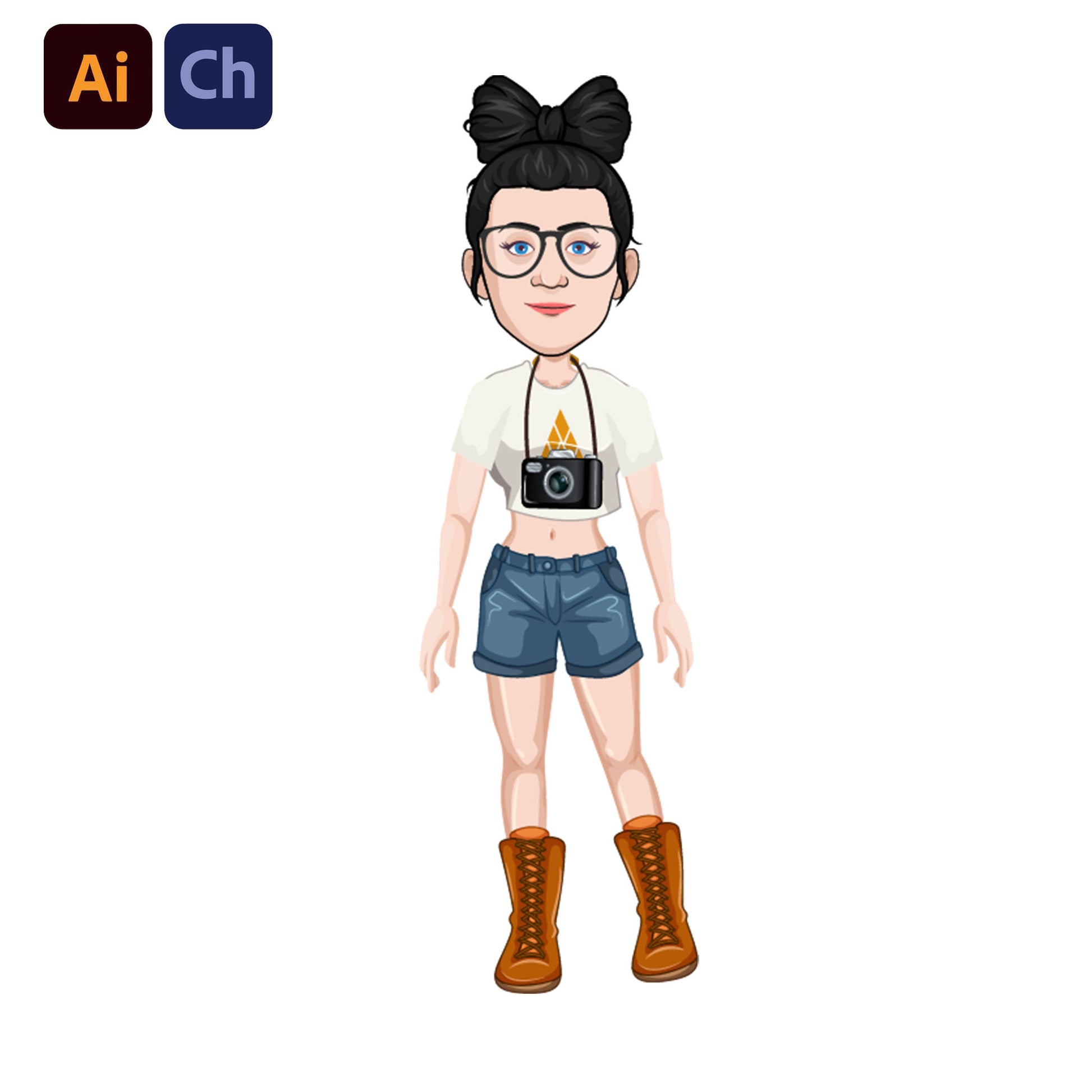 adobe Character Animator puppet with glasses, a camera, and a bow on a white background