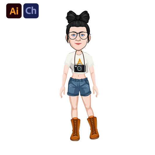 adobe Character Animator puppet with glasses, a camera, and a bow on a white background