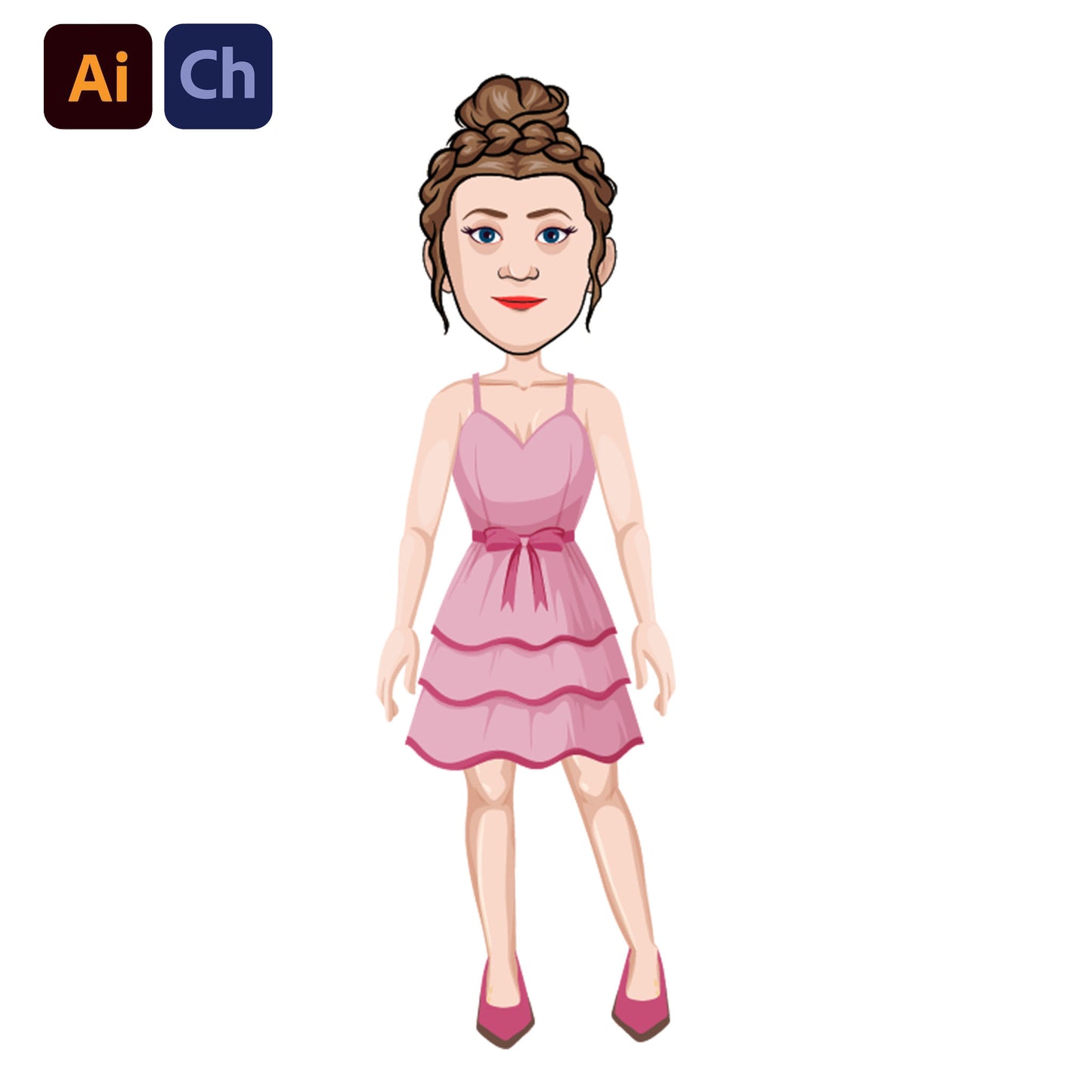 adobe Character Animator puppet wearing a pink dress on a white background
