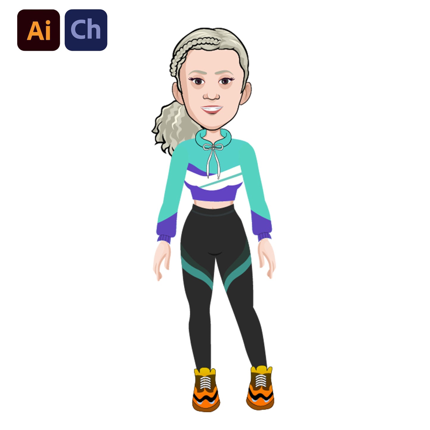 adobe Character Animator puppet with a colorful outfit on a white background