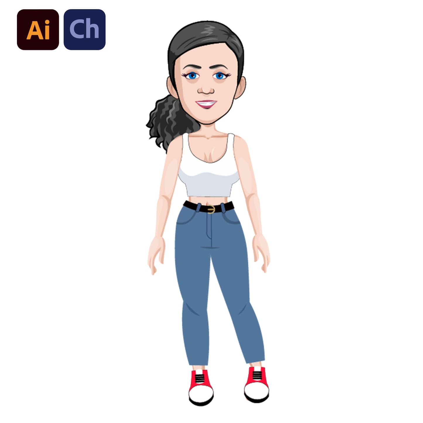 adobe Character Animator puppet of a woman wearing a white tank top, blue jeans, and red sneakers on a white background.
