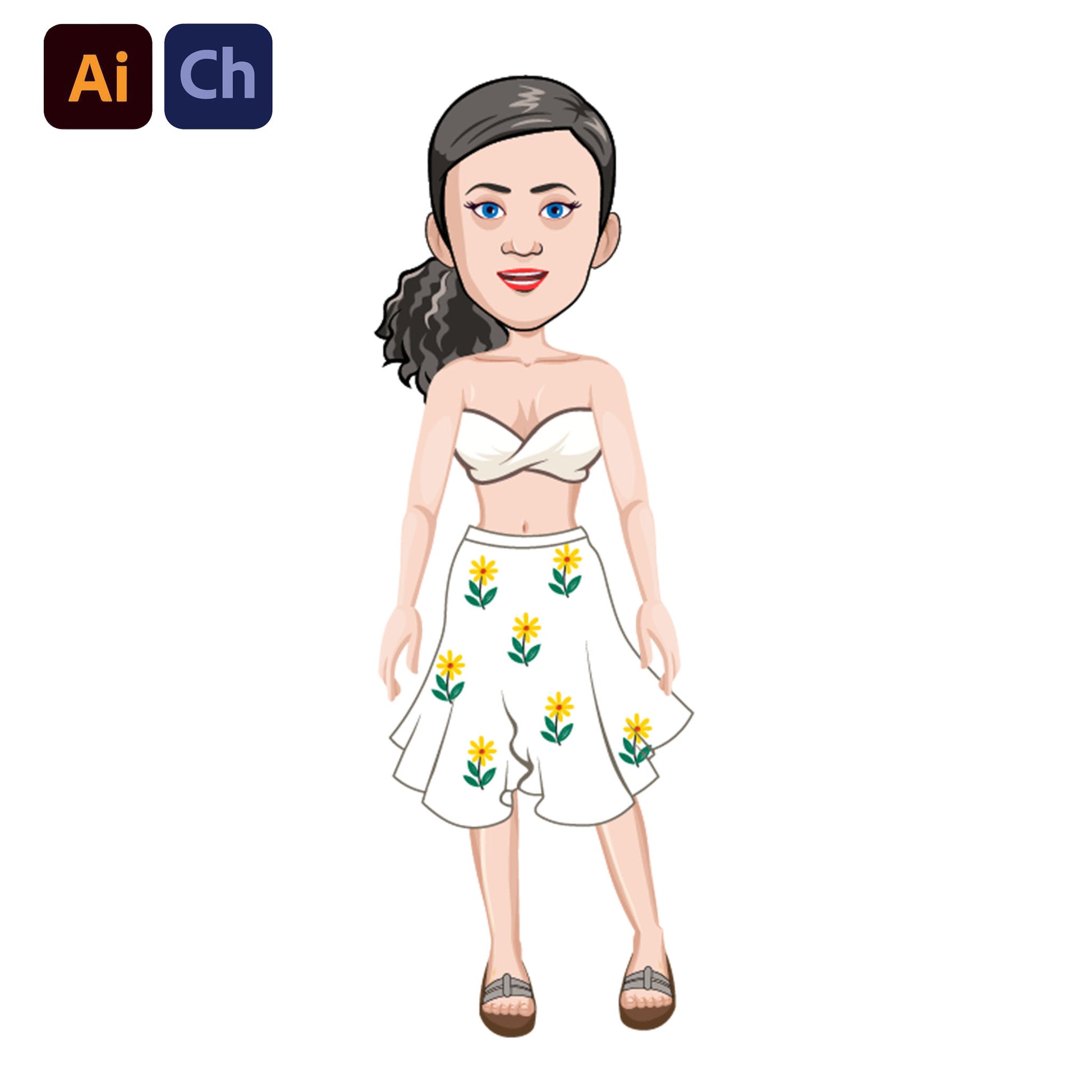 adobe Character Animator puppet wearing a white strapless top and floral skirt on a white background