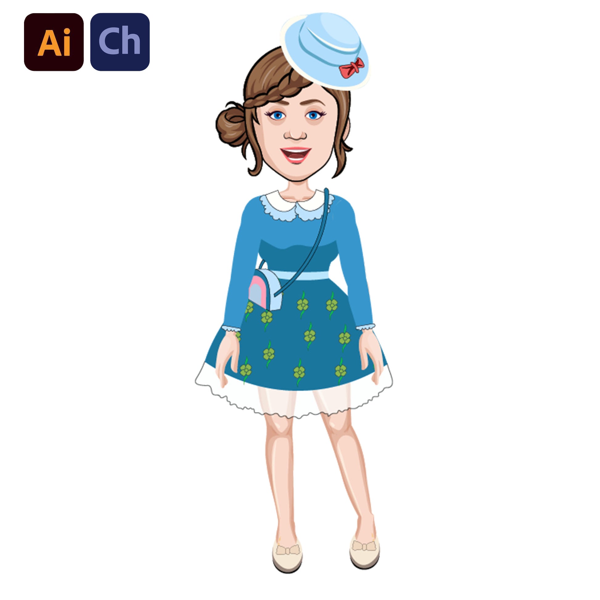 adobe Character Animator puppet in a blue dress with a white collar and a matching hat on a white background.