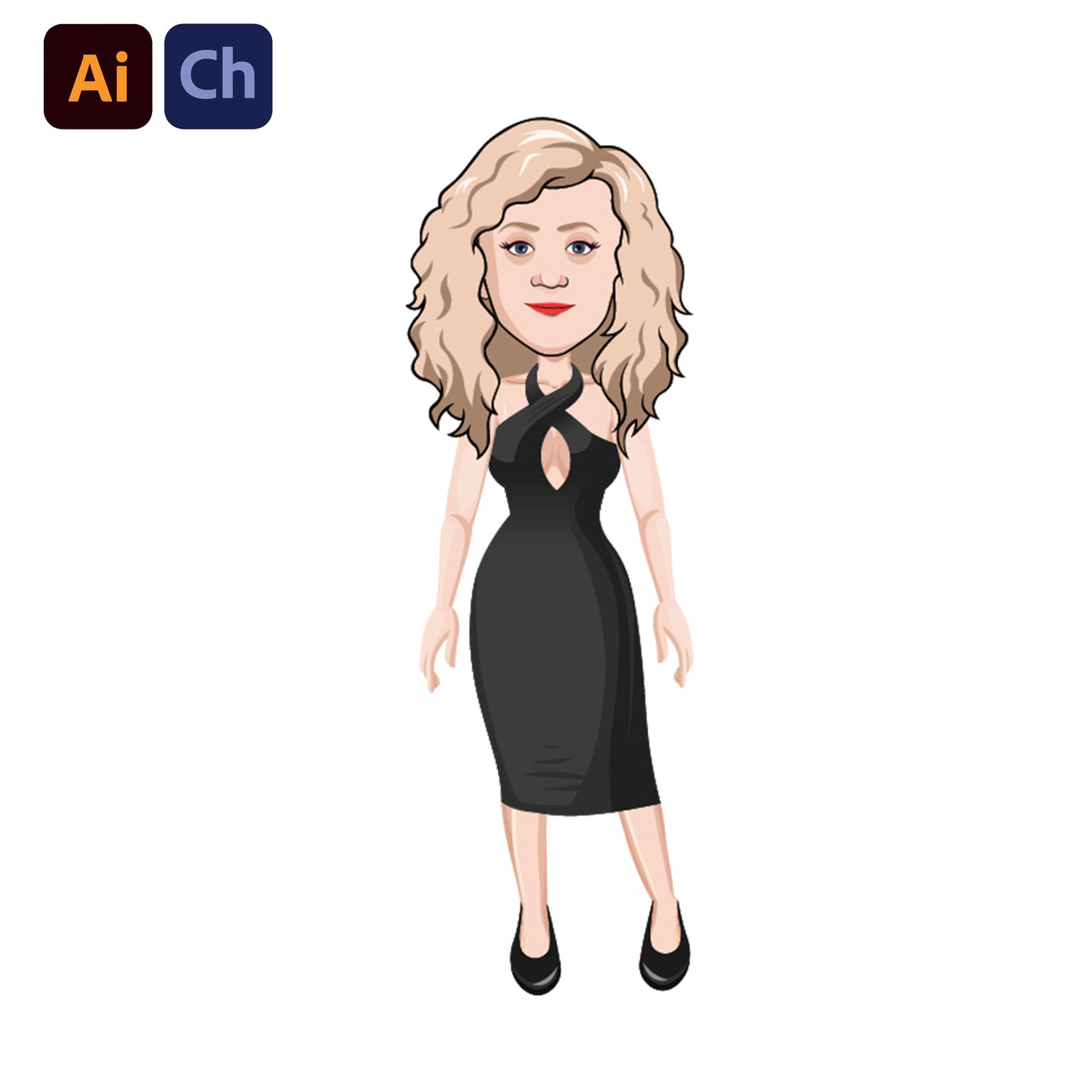 adobe Character Animator puppet of a woman in a black dress with Adobe Illustrator and Character Designer logos.