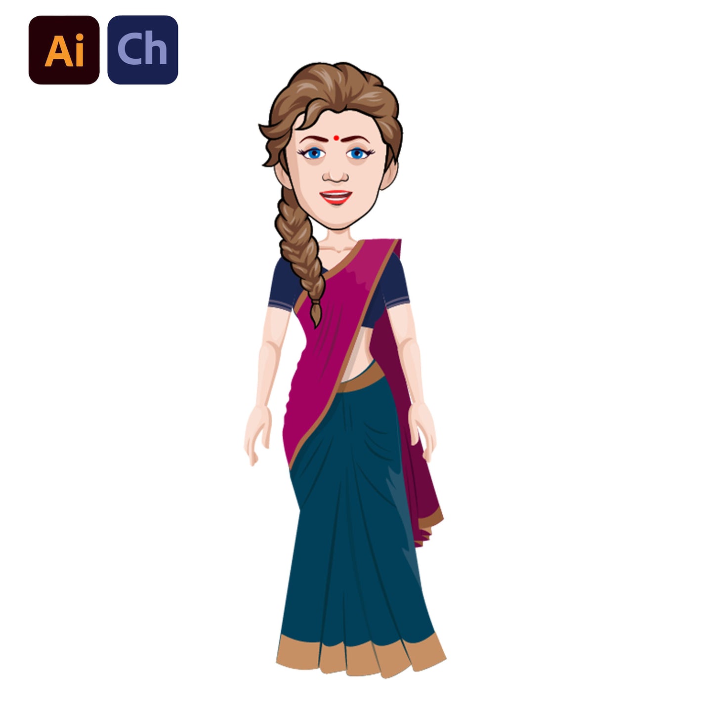 adobe Character Animator puppet in a traditional outfit with Adobe Illustrator and Adobe Character Animator logos.