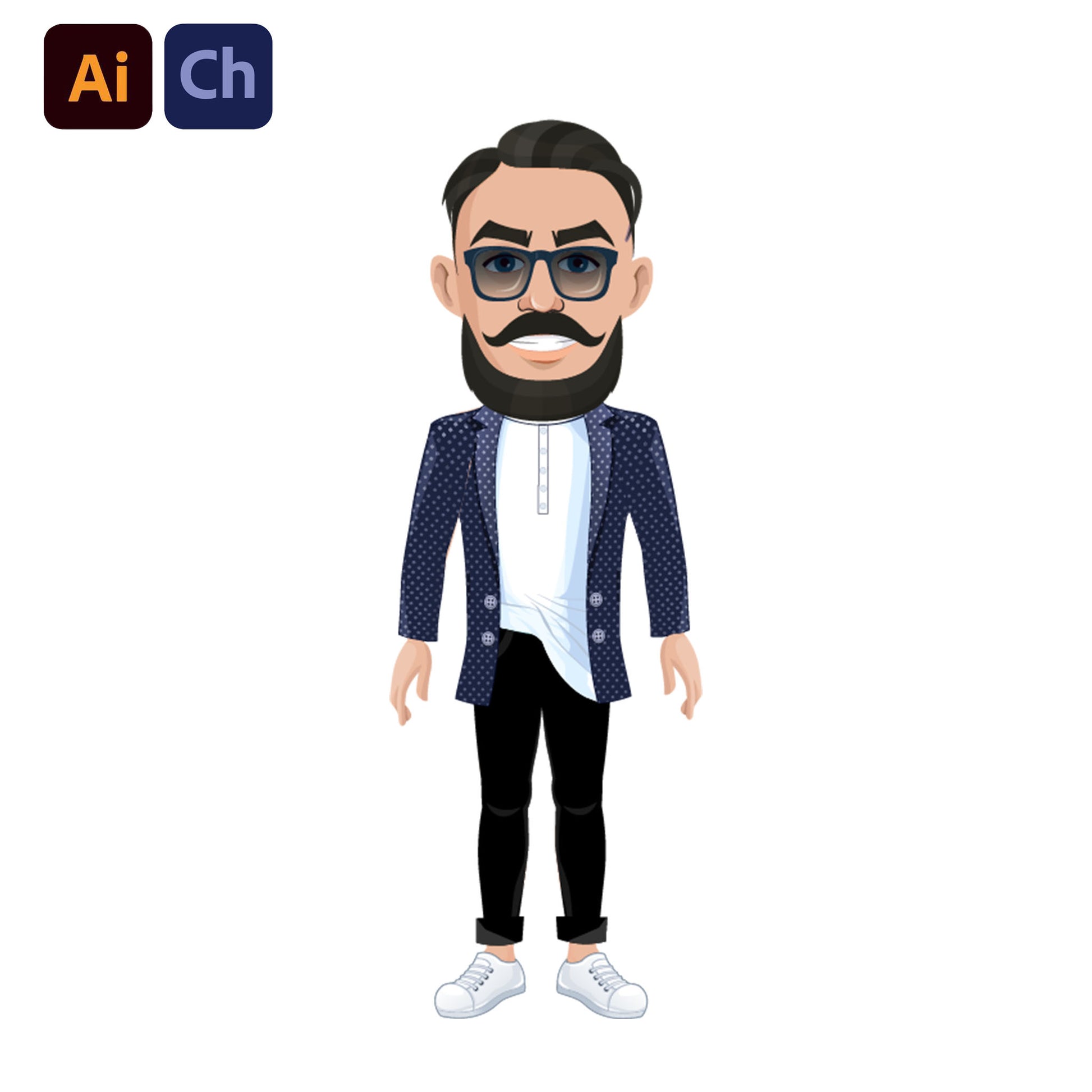 adobe Character Animator puppet of a man with a beard wearing sunglasses, a patterned jacket, white shirt, black pants, and white shoes on a white background.