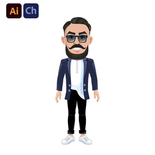 adobe Character Animator puppet of a man with a beard wearing sunglasses, a patterned jacket, white shirt, black pants, and white shoes on a white background.