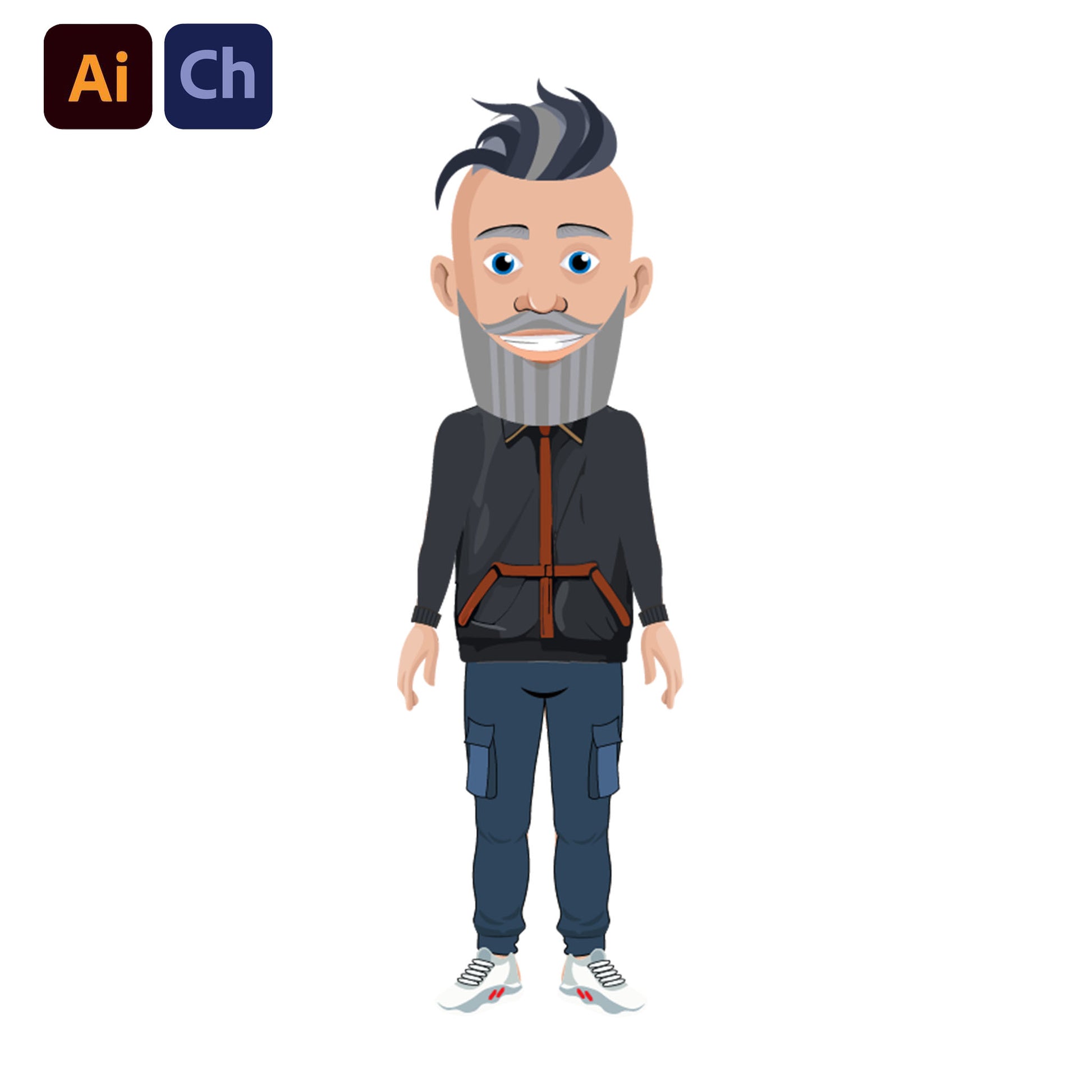 adobe Character Animator puppet of a man with a beard wearing a black jacket and blue pants on a white background.
