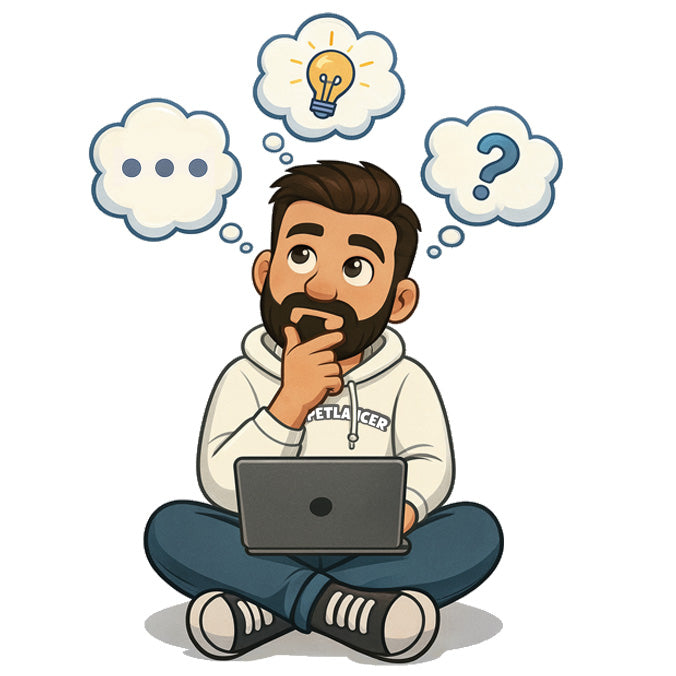 Illustration of a person sitting cross-legged with a laptop, thinking, as indicated by thought bubbles with a light bulb and question mark.adobe Character Animator puppet