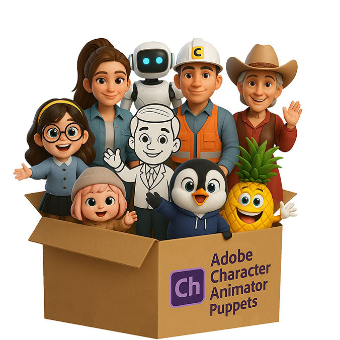 Animated characters and puppets in a cardboard box with Adobe Character Animator logo.